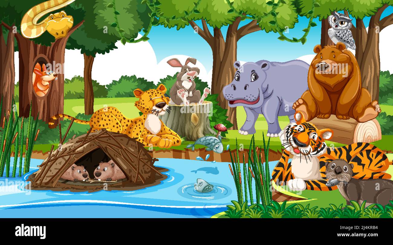 Wild animals cartoon characters in the forest scene illustration Stock Vector