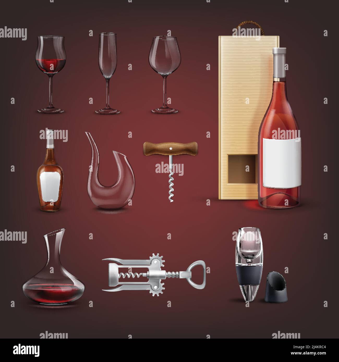 Vector set of equipment for wine with wing corkscrew, aerator, decanters, bottle with packing, glasses for wine and champagne. Isolated on background Stock Vector