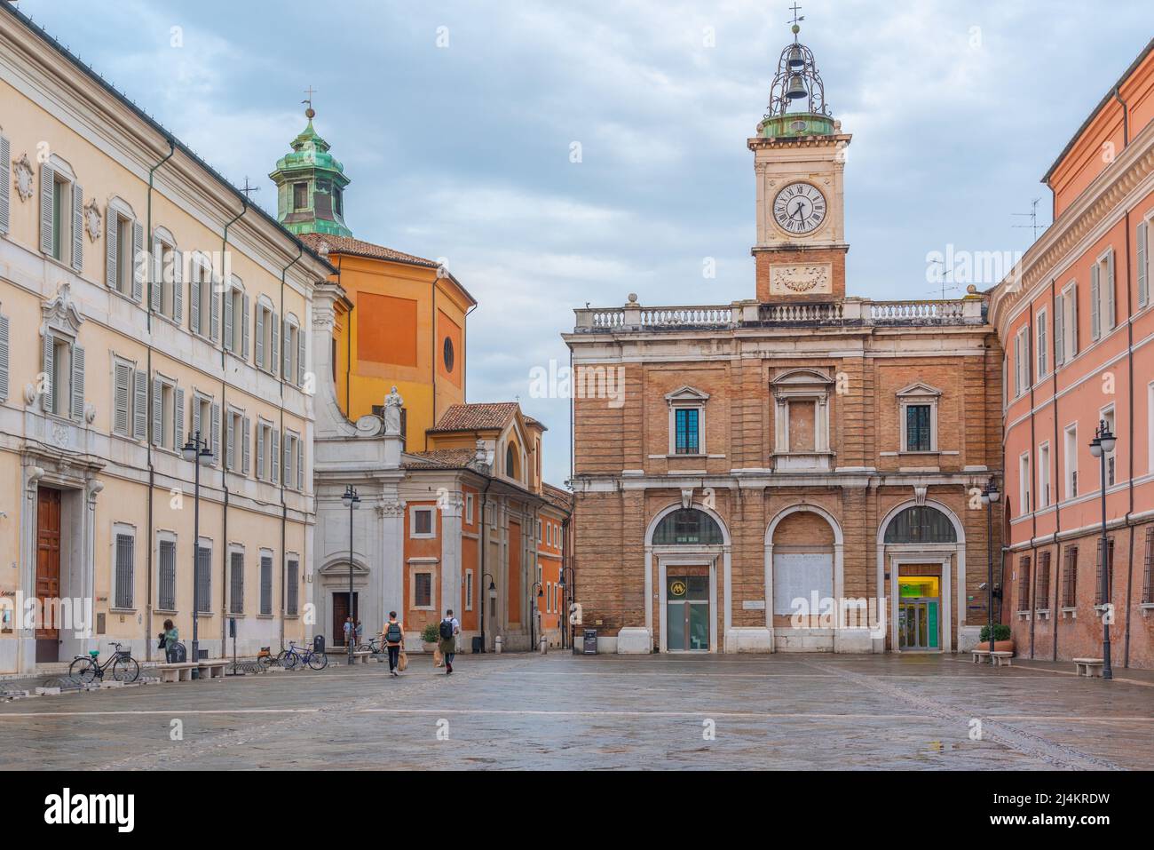 Ravenna, Italy, August 31, 2021: People are strolling through Piazza del Popolo in Italian town Ravenna. Stock Photo