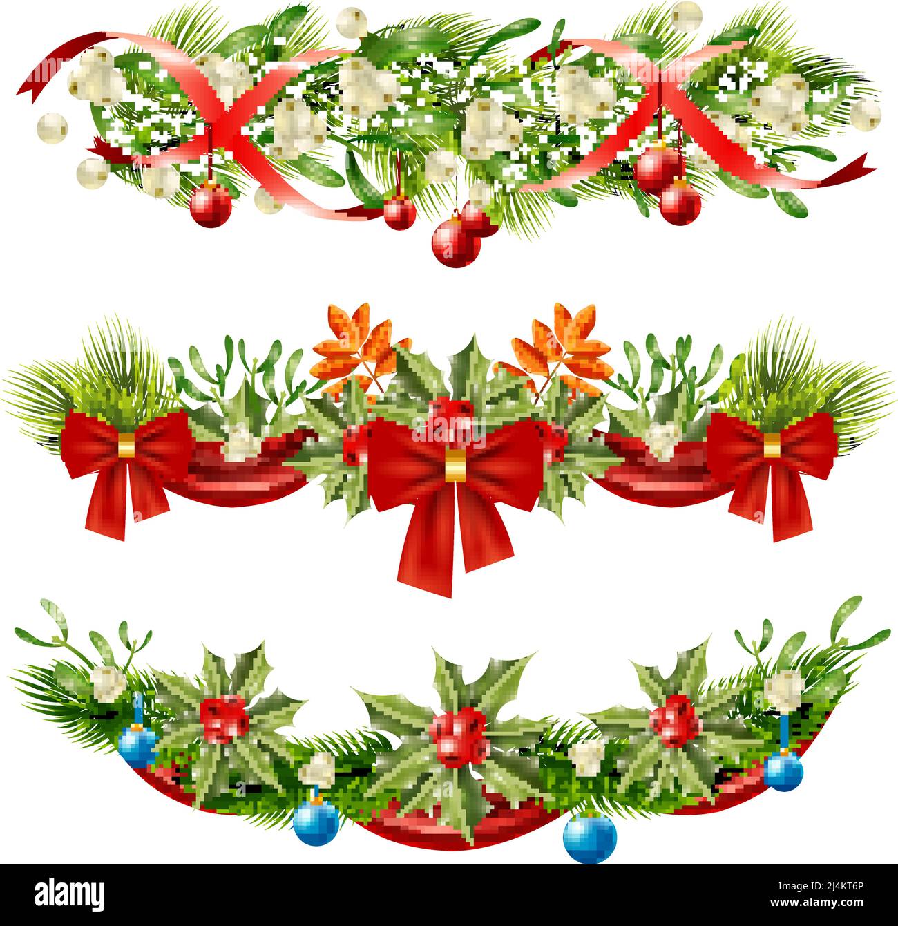 Christmas flat set of beautiful wall decorations with berries branches and ribbons isolated on white background vector illustration Stock Vector