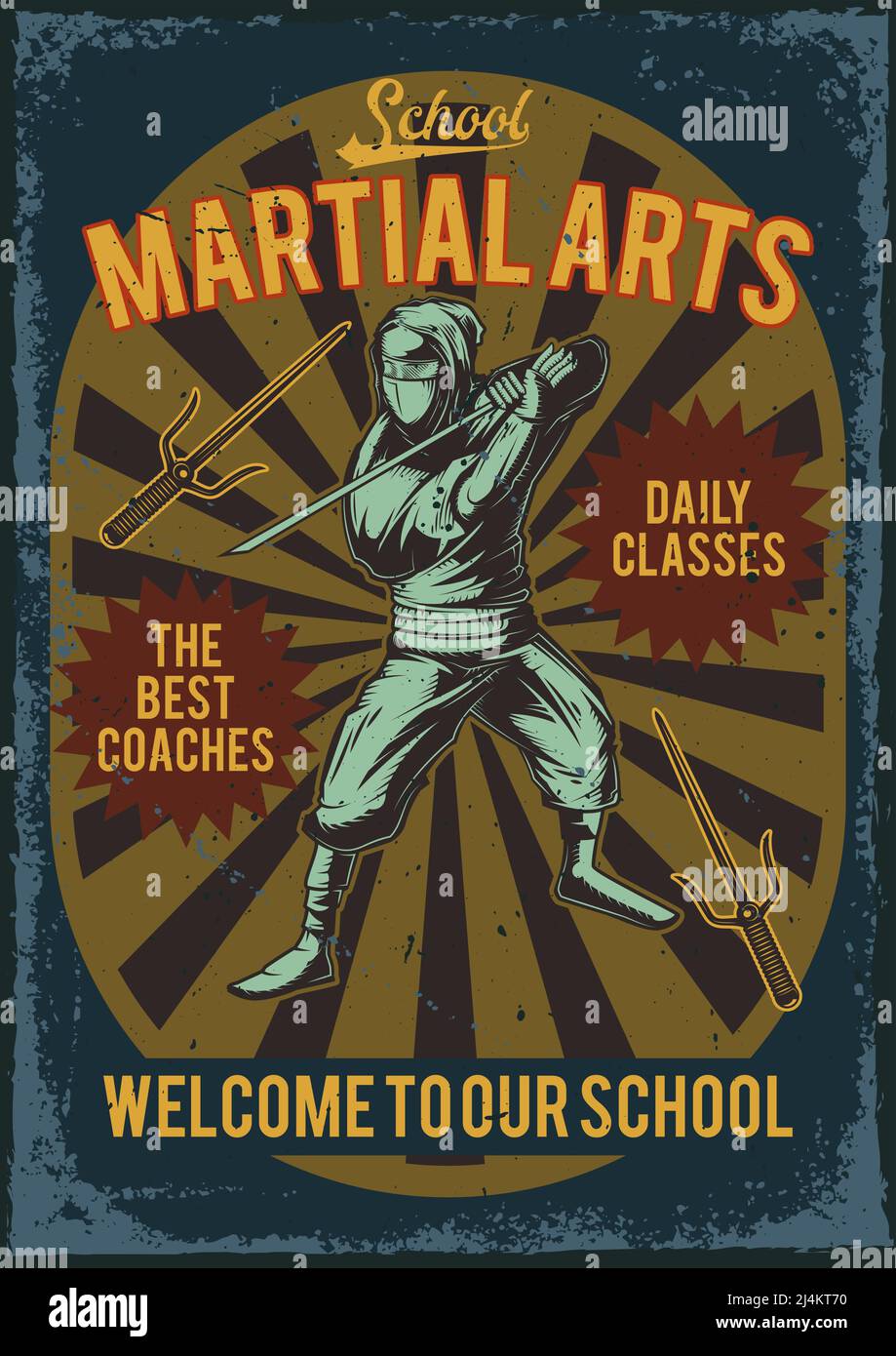 Advertising poster design with illustration of a ninja with a katana ...