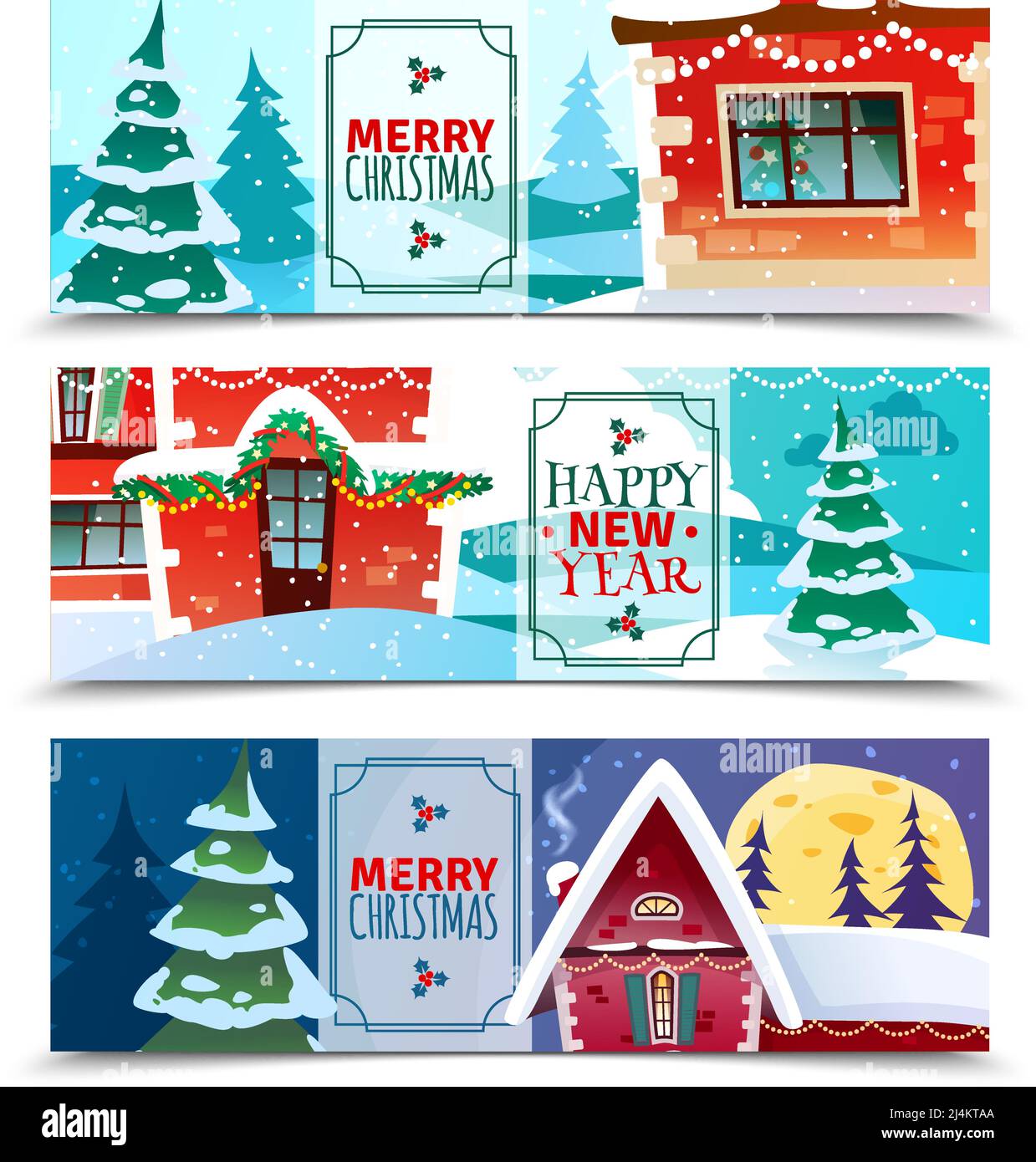 Christmas horizontal banners set of colorful paper cards with merry ...