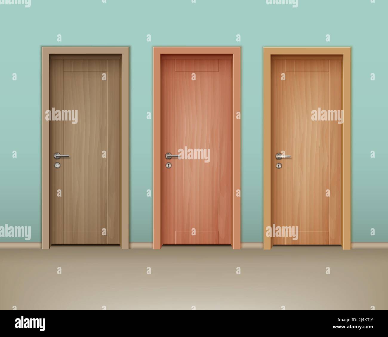 Vector colored wooden doors in style on wall of mint