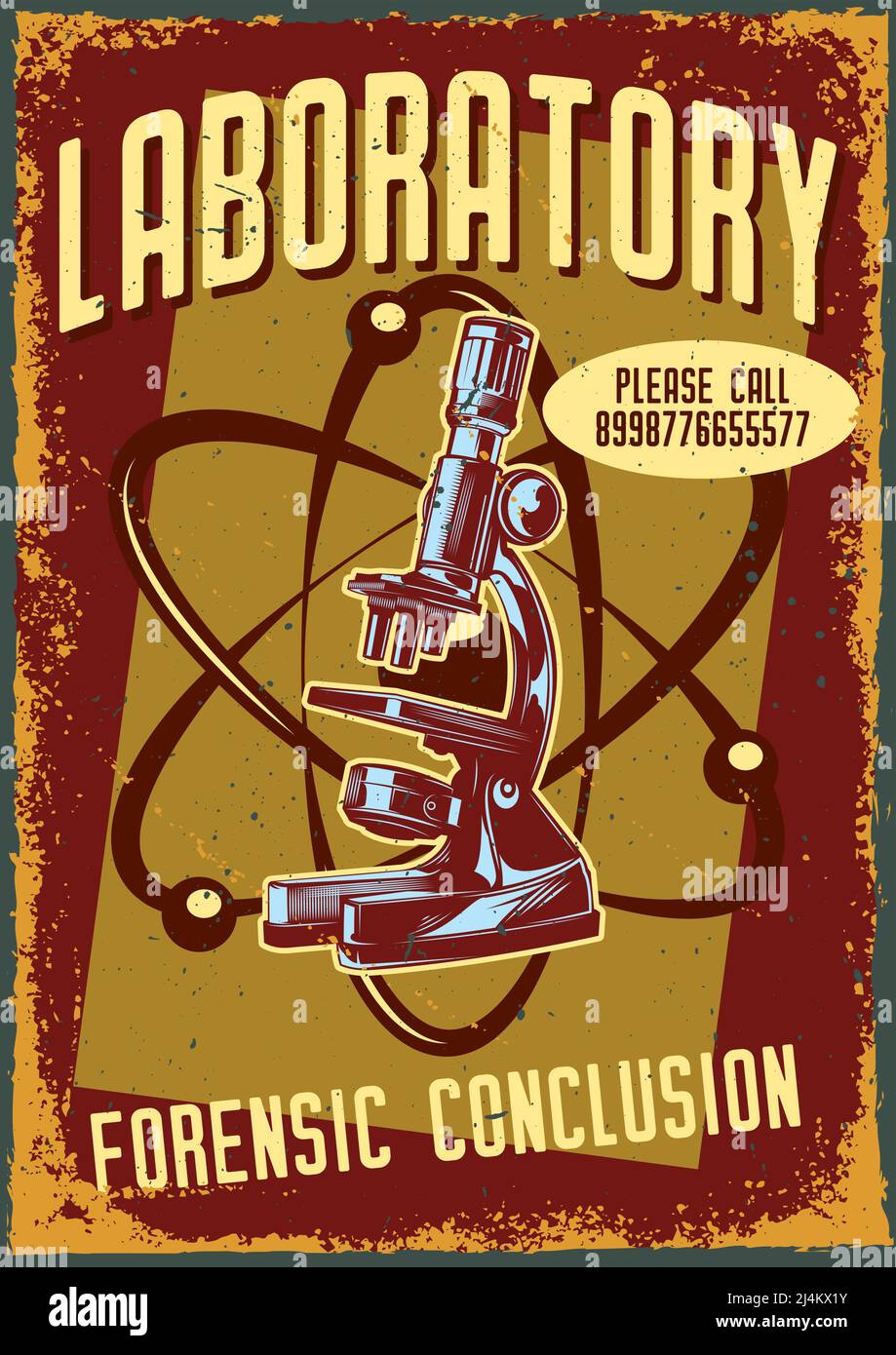 Poster design with illustration of a microscope and an atom on vintage background. Stock Vector