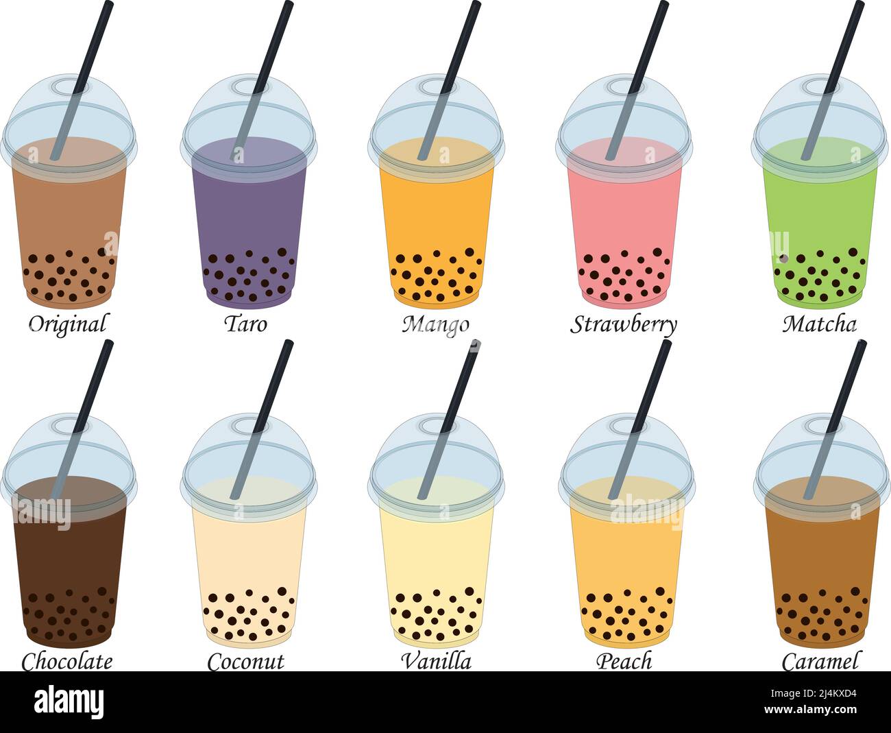 Collection of different tastes and flavors bubble tea in plastic cup