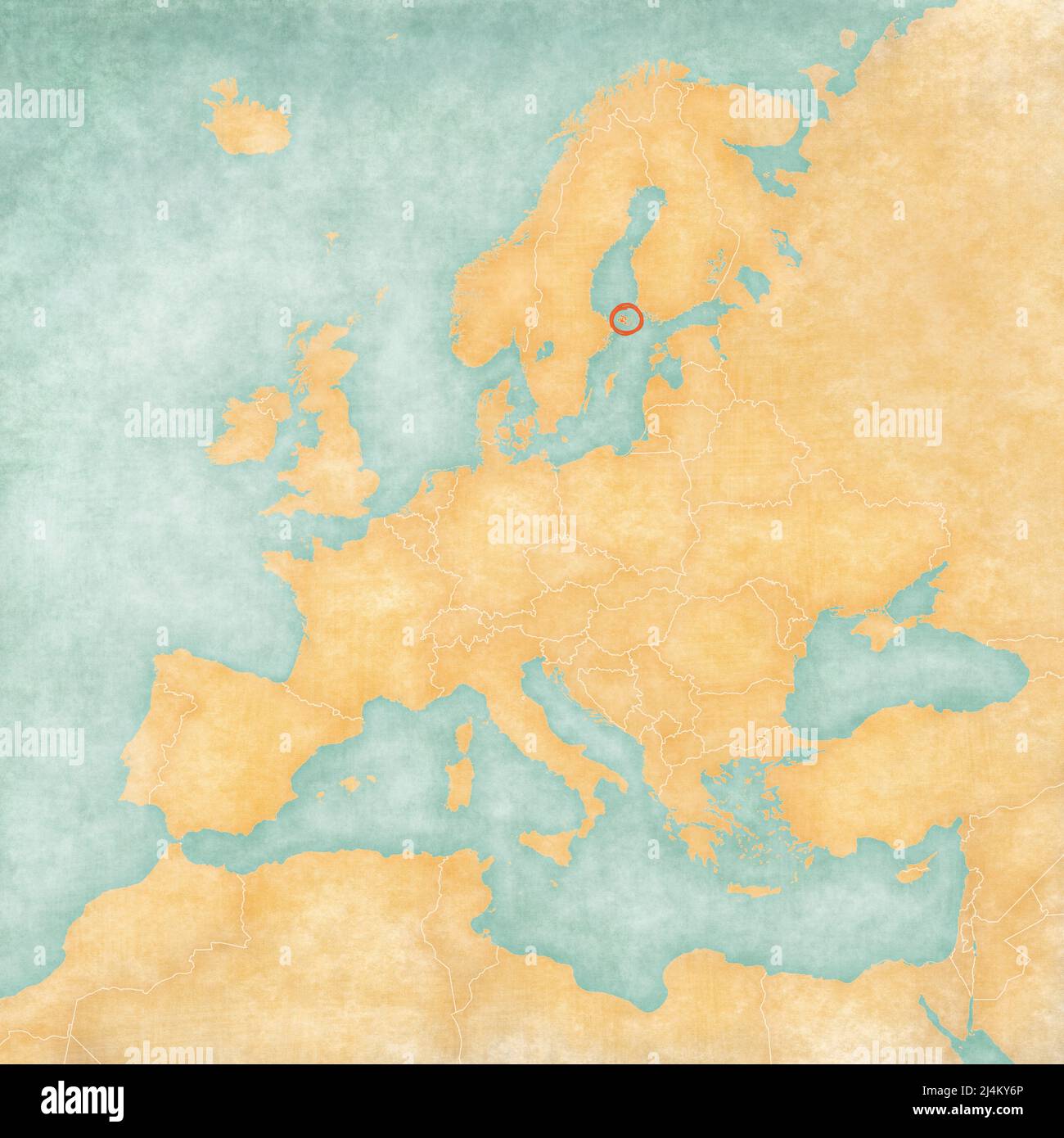 Aland Islands on the map of Europe in soft grunge and vintage style, like old paper with watercolor painting. Stock Photo