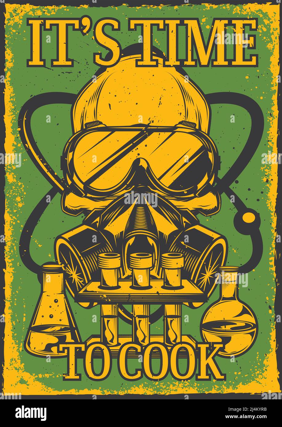 Poster design with illustration of a skull with respirator and glasses on, flasks and an atom. Stock Vector