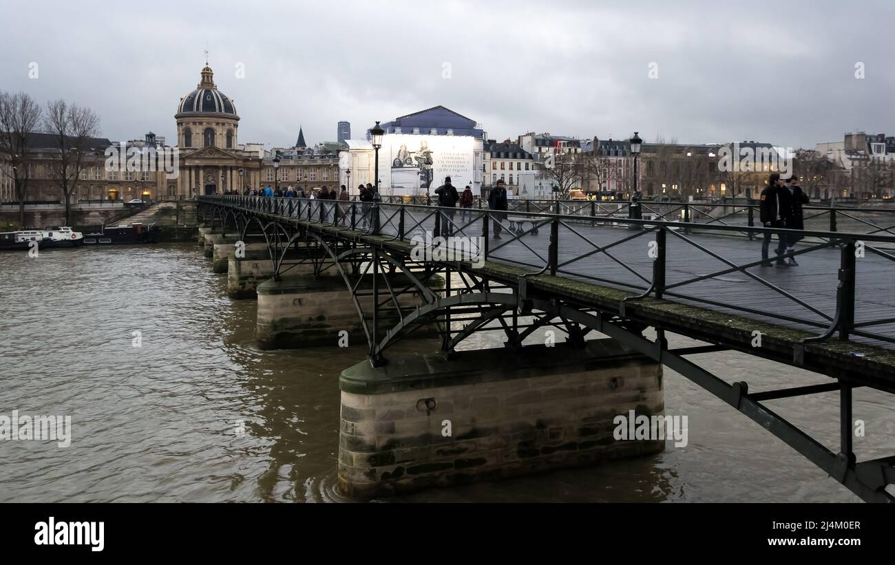 Architectural detail of the Pont des Arts (bridge of arts), a pedestrian bridge in Paris crossing the River Seine Stock Photo