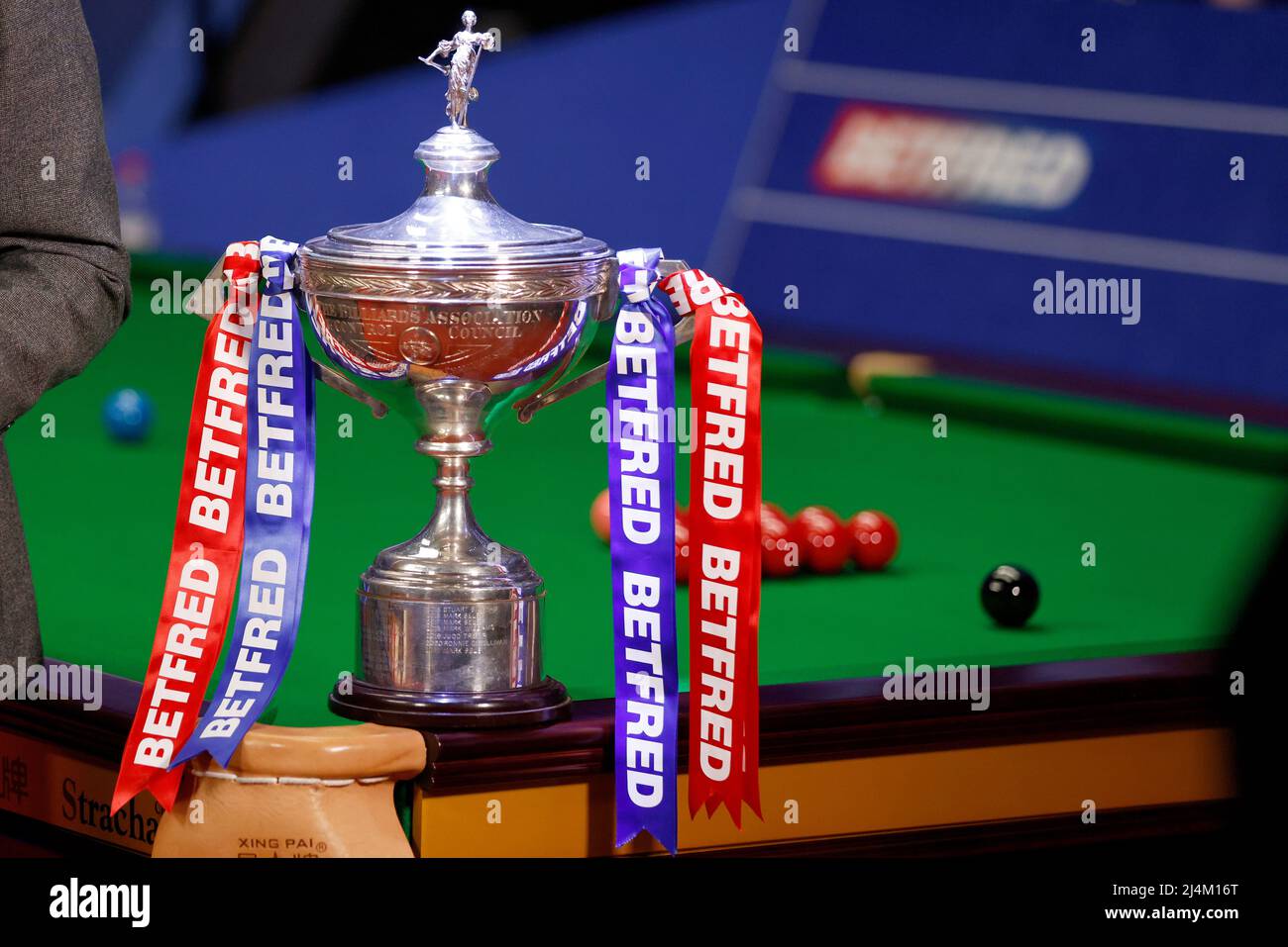 The Betfred World Snooker Championship trophy at The Crucible, Sheffield