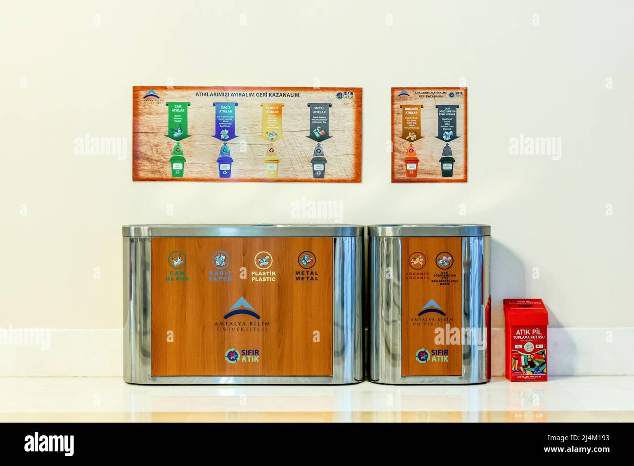 Antalya TURKEY, 04 14 2022 Garbage sorting boxes used for the waste