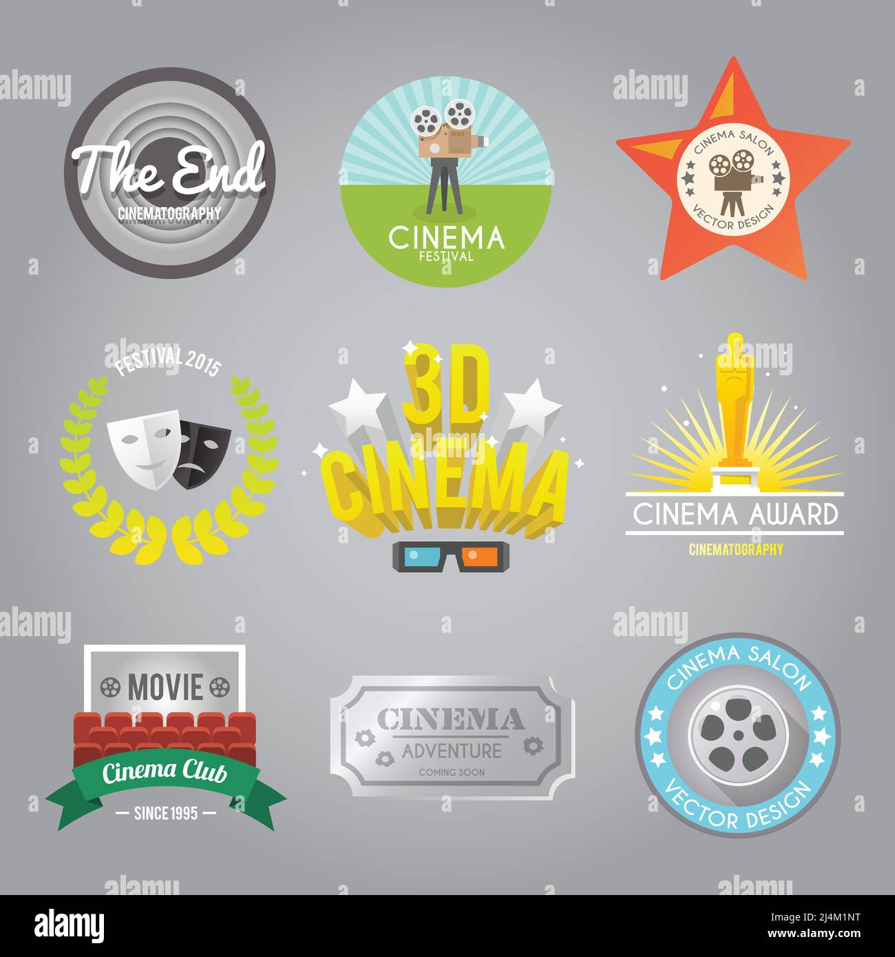 Cinema movie club 3d film festival award winner retro style labels pictogram set abstract isolated vector illustration Stock Vector
