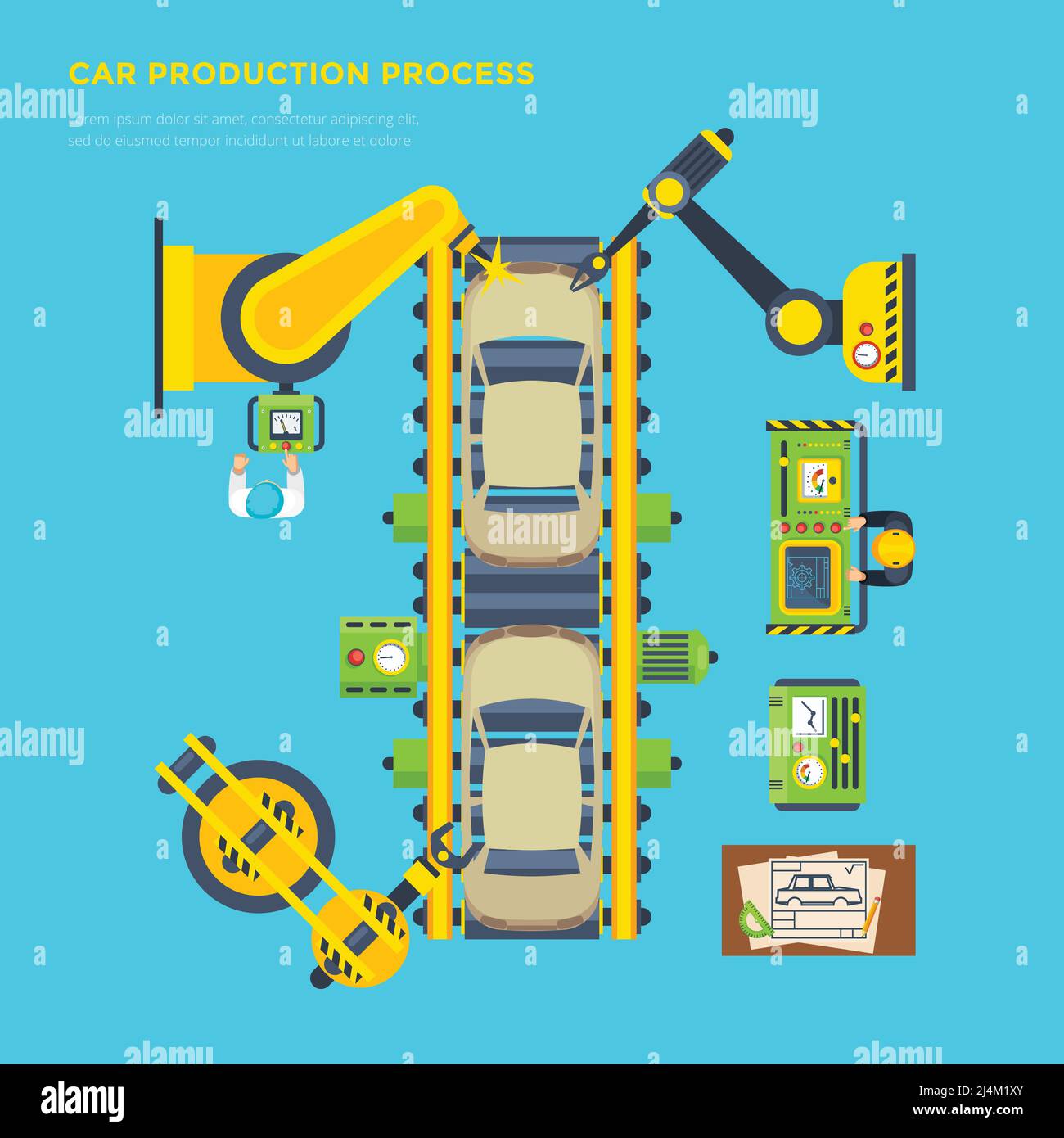 Top view poster of car production process on automatic conveyor with