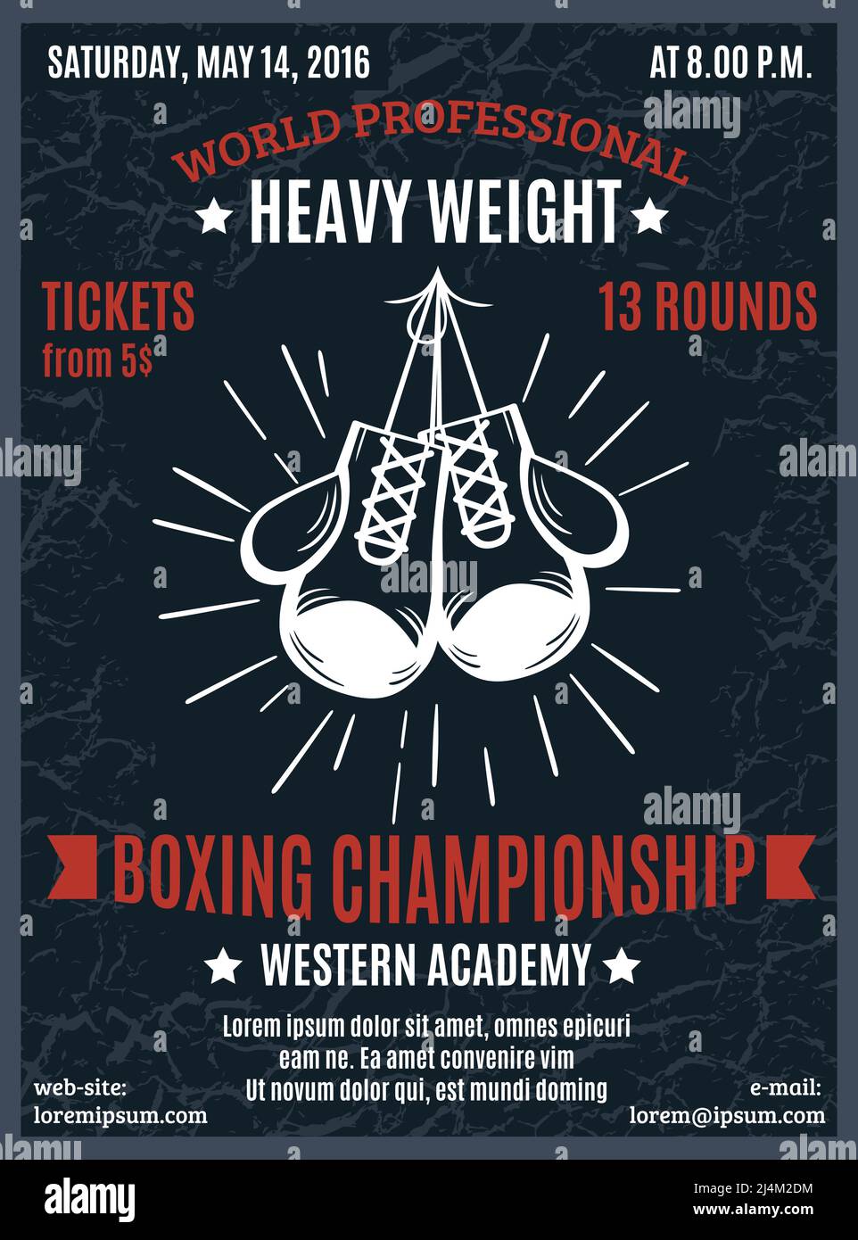 Boxing professional championship poster with heavy weight battle advertising and white boxer gloves in black background  vector illustration Stock Vector