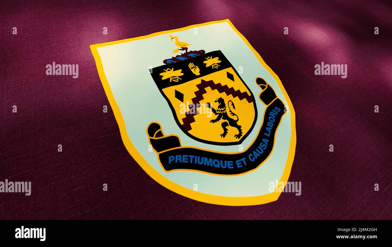 Abstract waving flag with emblem of Burnley football club. Motion. Flags of football clubs in England. For editorial use only. Stock Photo