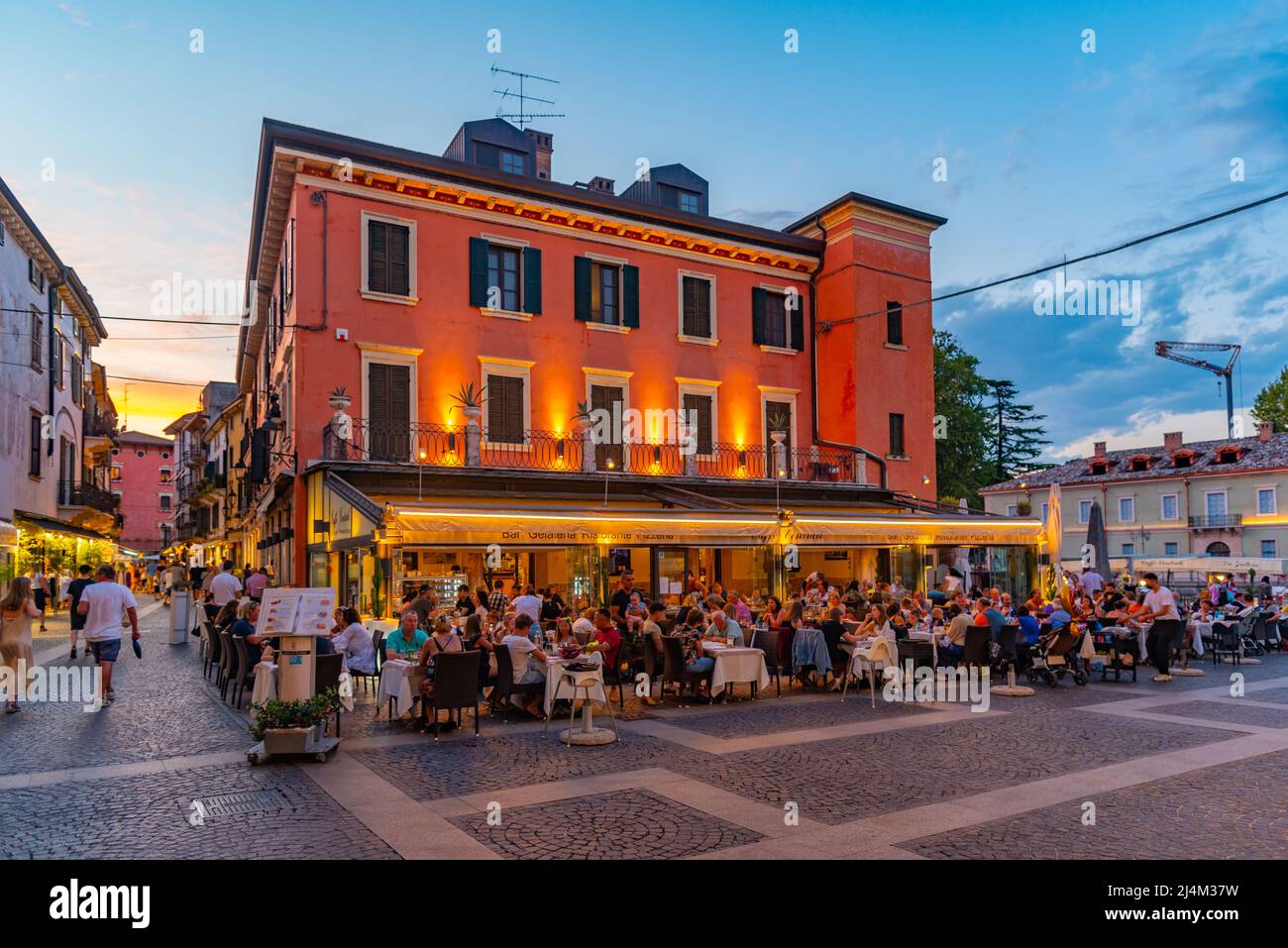 Peschiera del Garda, Italy, August 26, 2021: Ferdinando di Savoia square in Italian town Peschiera del Garda. Stock Photo