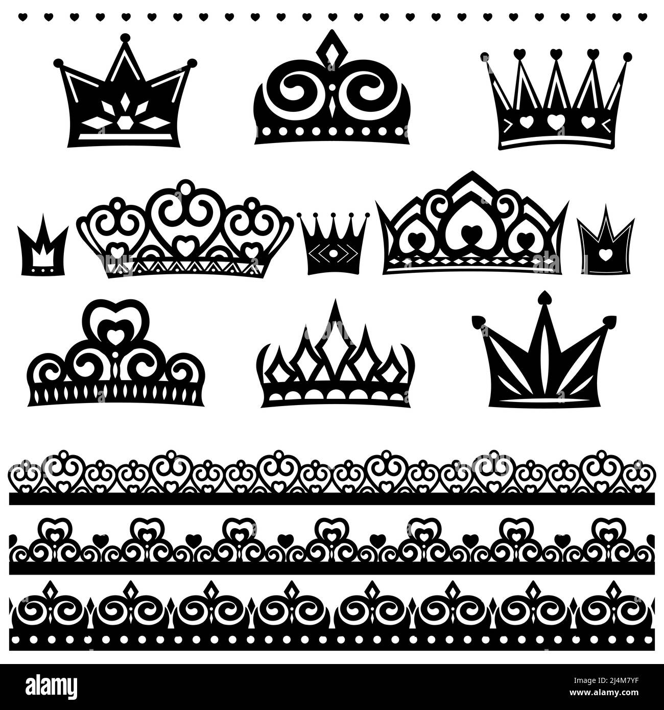 Crown accessory set, vector illustration, isolated on white background, black outline, doodle Stock Vector