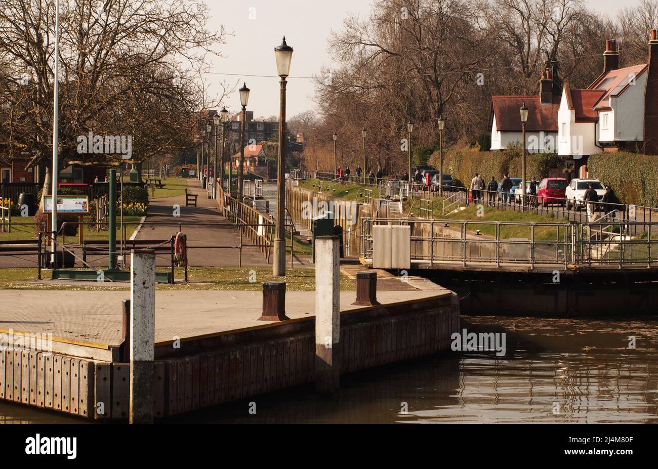 A view of Teddington Lock on the river Thames from the deck of a river cruise boat Stock Photo