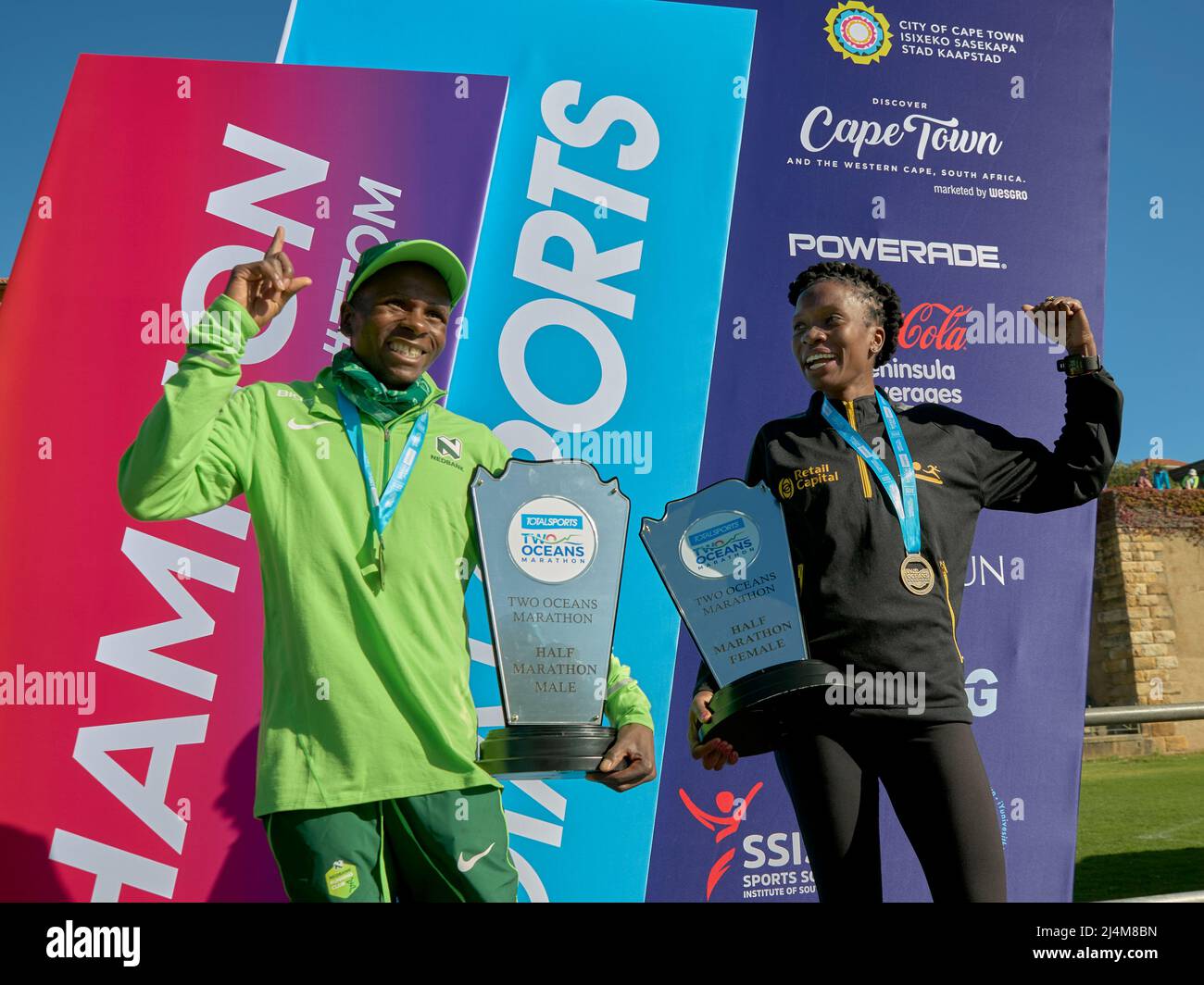 Cape Town, South Africa, 20220416, Moses Tarakinyu (L) and Fortunate Chidzivo (R), Mens and Ladies Winners at awards ceremony MO Bassa/Alamay Live News Stock Photo