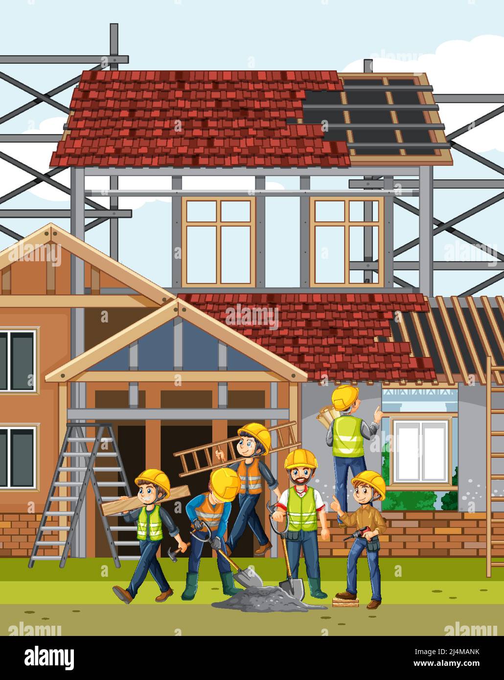 Building construction site with workers illustration Stock Vector Image ...