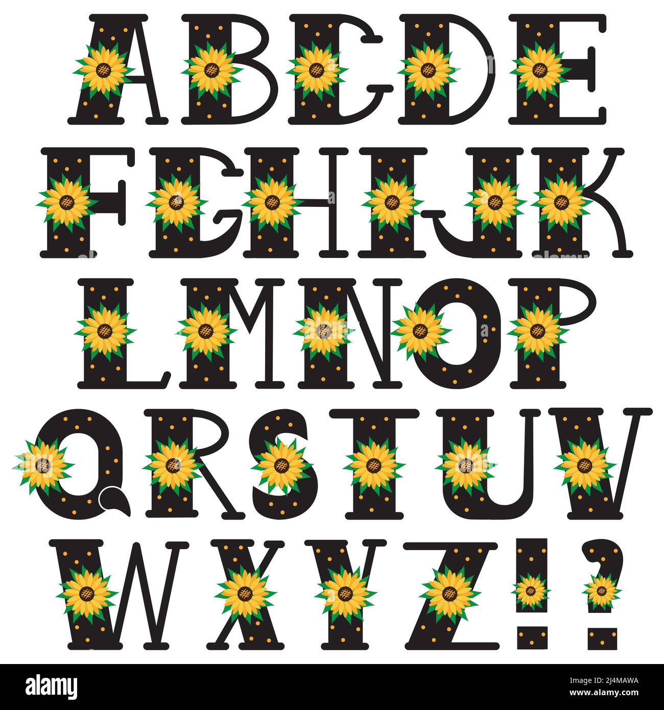 Alphabet with sunflower, letters, color vector illustration Stock