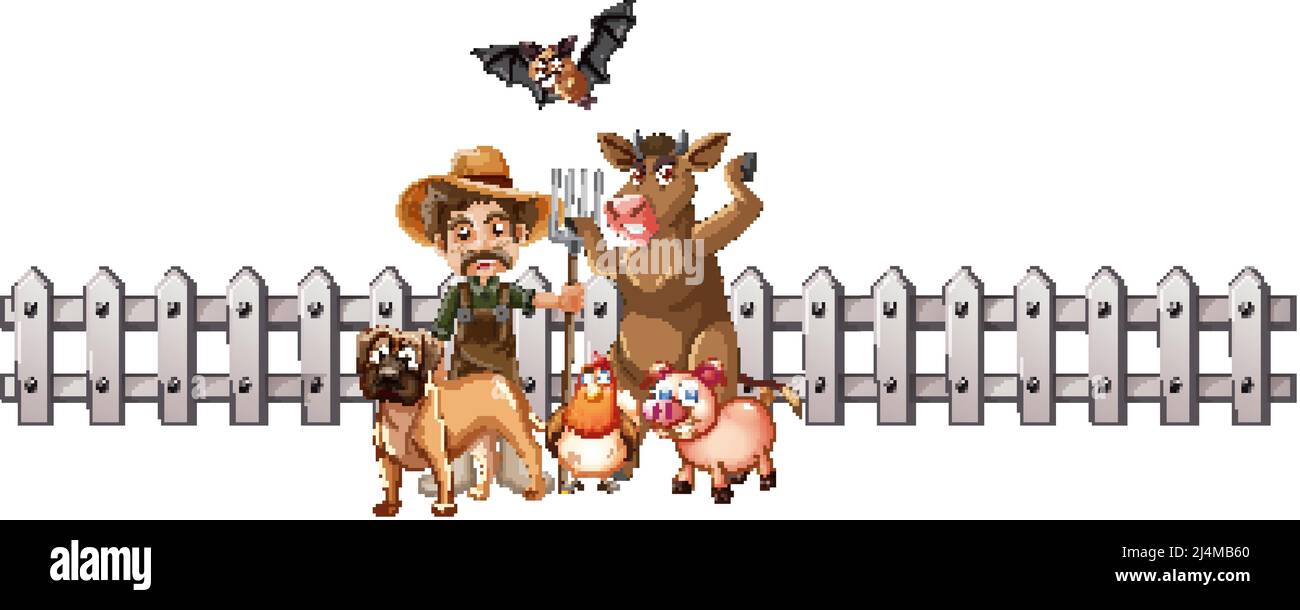 Farmer and many animals by the fence illustration Stock Vector Image ...