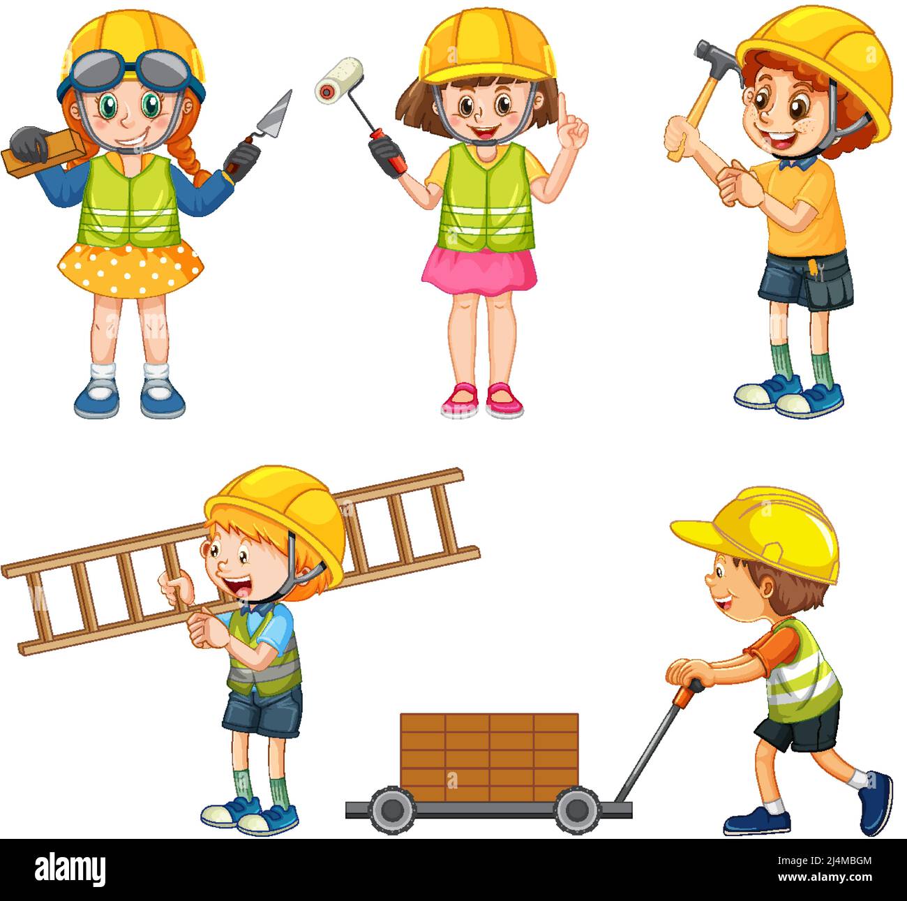 Set of construction site objects and workers illustration Stock Vector