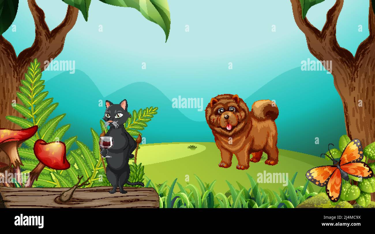 Set of different domestic animals in forest illustration Stock Vector