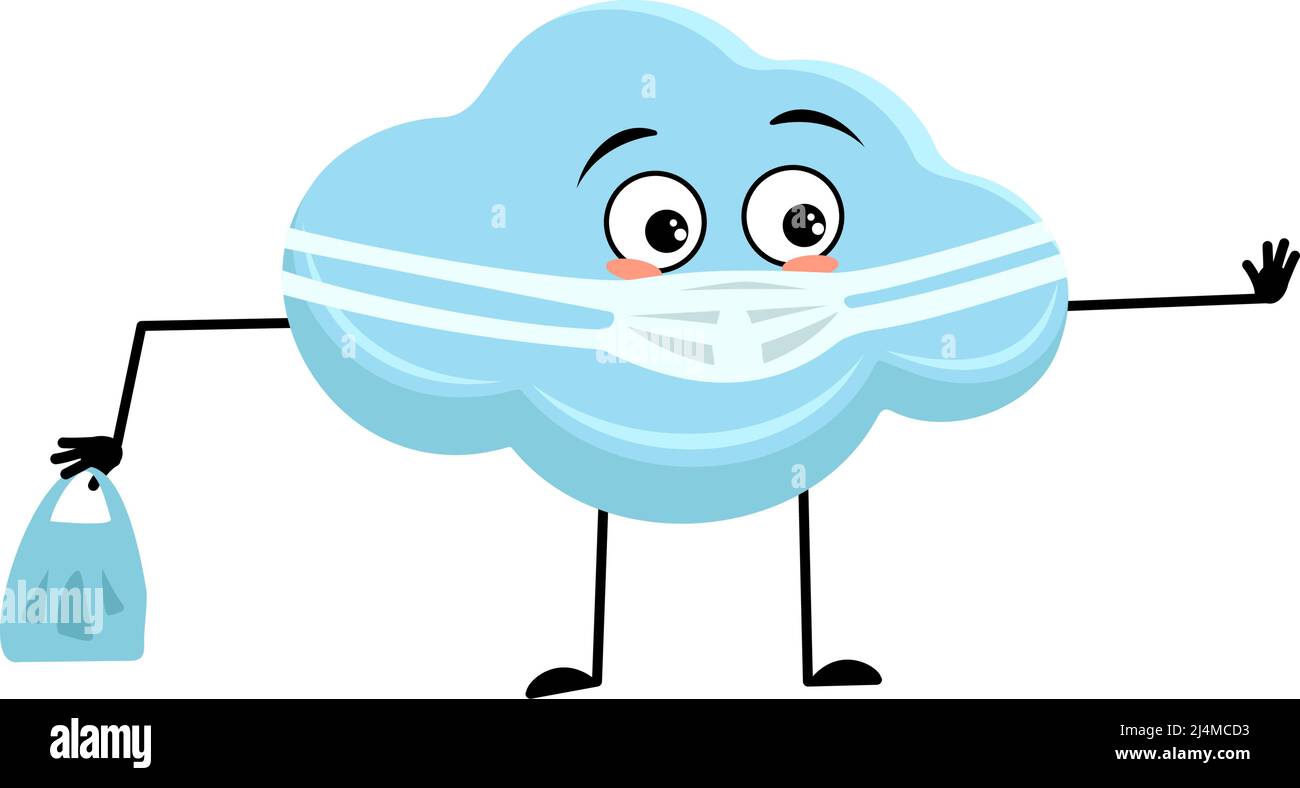 Cloud character with face in medical mask and keep distance, hands with shopping bag and stop gesture. Person with care expression. Vector flat illustration Stock Vector