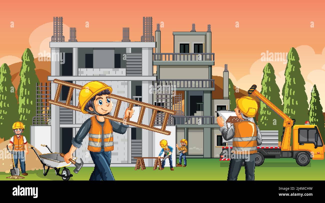 Building construction site with workers illustration Stock Vector Image ...