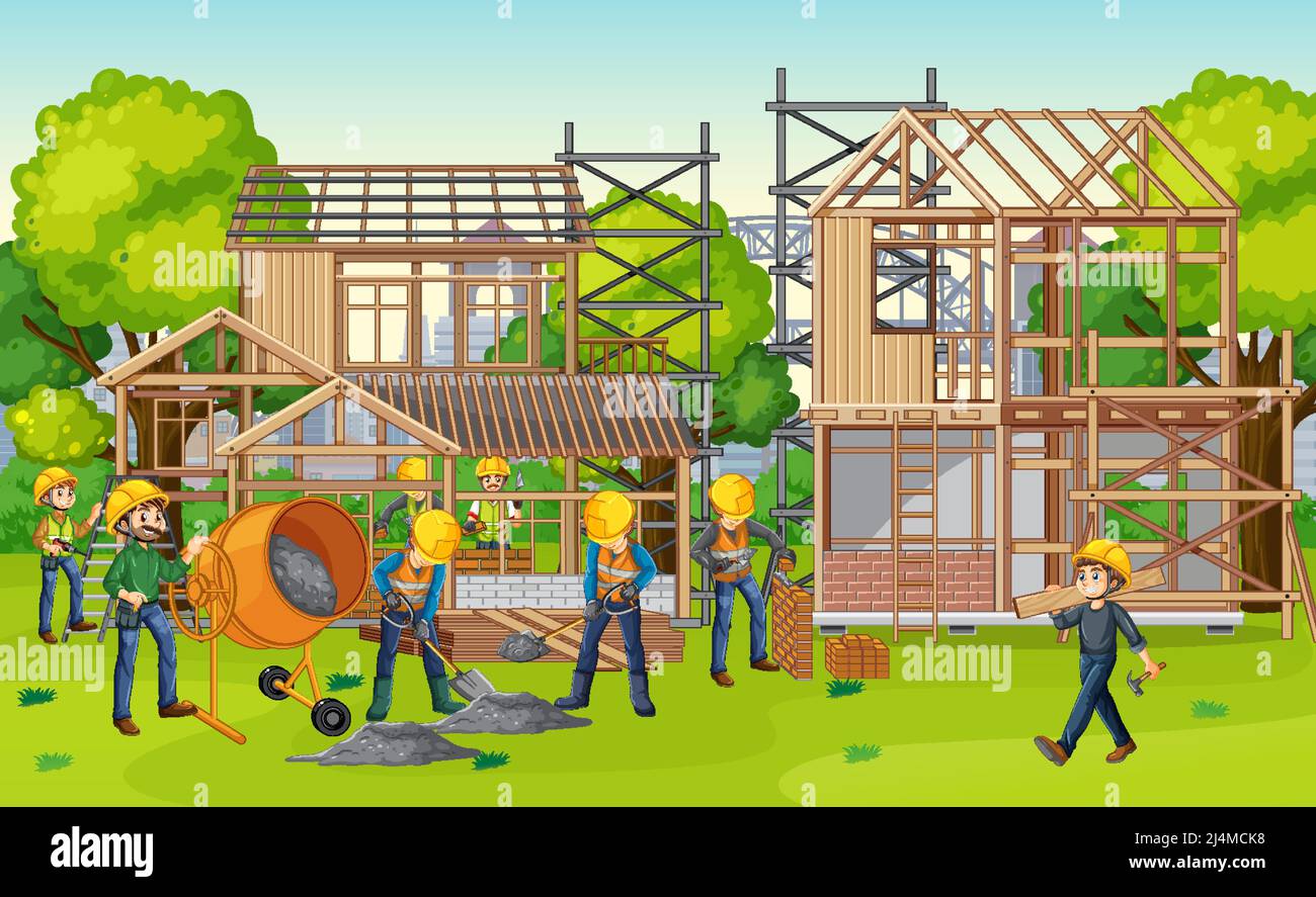 House construction site with workers illustration Stock Vector Image ...