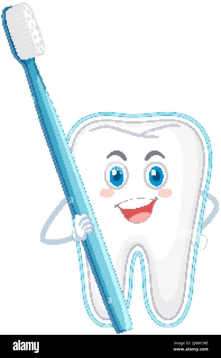 Happy cleaning a big tooth with a toothbrush on white background ...