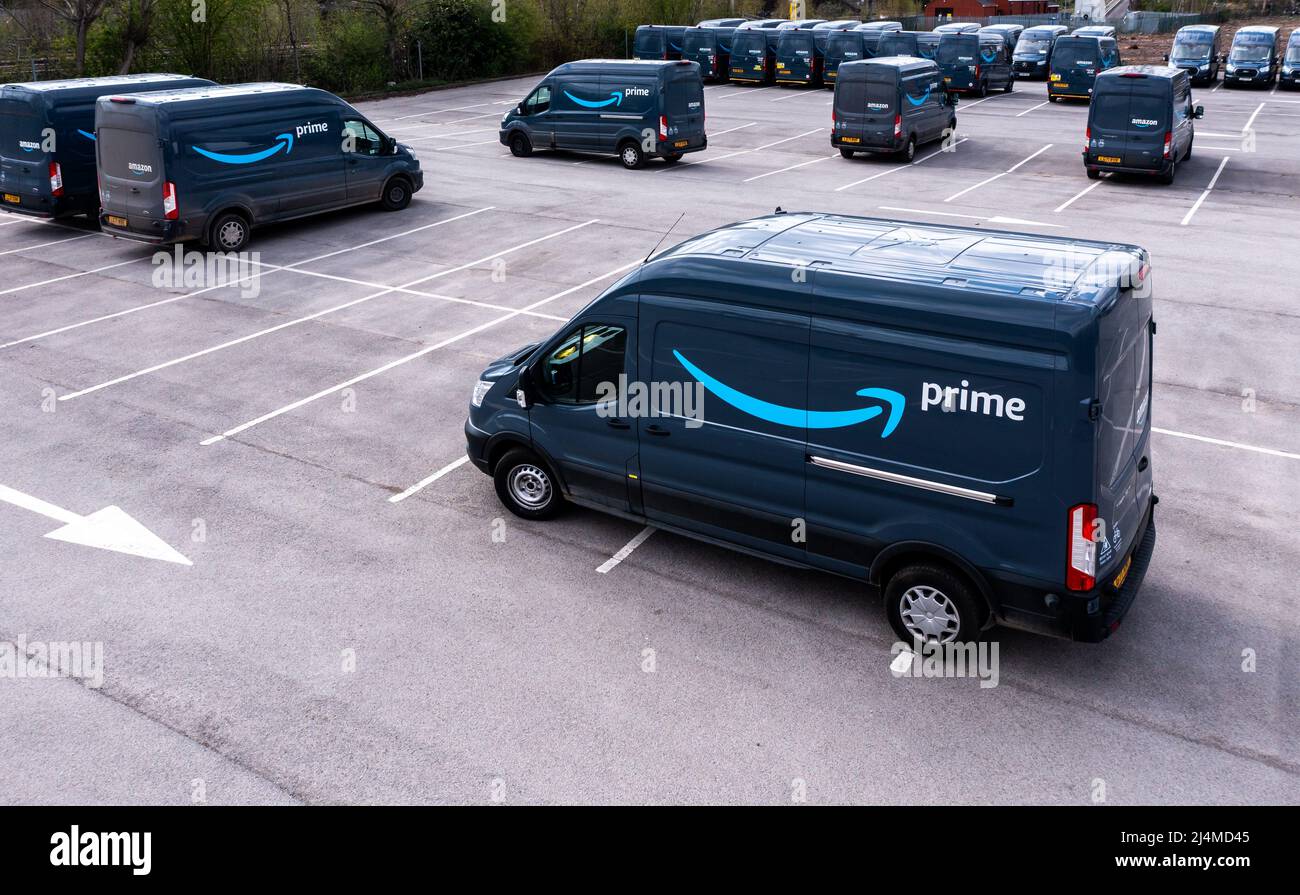 Newly manufactured Amazon Prime Ford ETransit electric delivery vans ready to be shipped to
