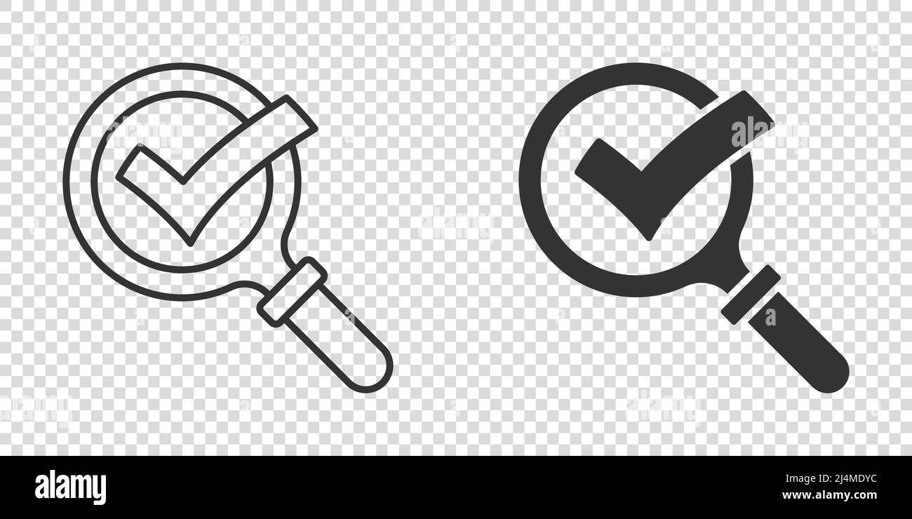 Check mark with magnifying glass icon in flat style. Loupe accept ...