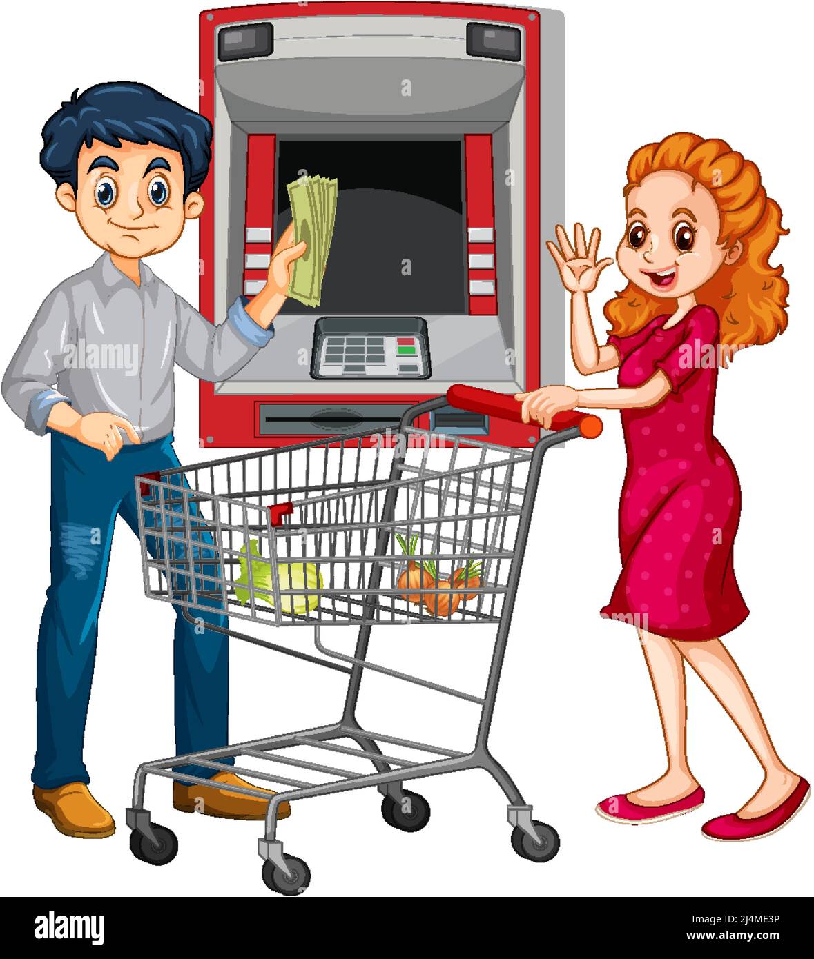 A man withdraw money from atm machine and his wife cartoon character