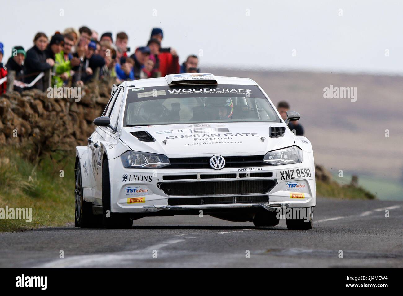 16th April 2022, Ballymena, County Antrim, Northern Ireland, United Kingdom; Circuit of Ireland International Rally, Round 3 of the Irish Tarmac Rally Championship: Callum Devine and Shane Byrne (VW Polo GTI R5) finished in third place overall Stock Photo