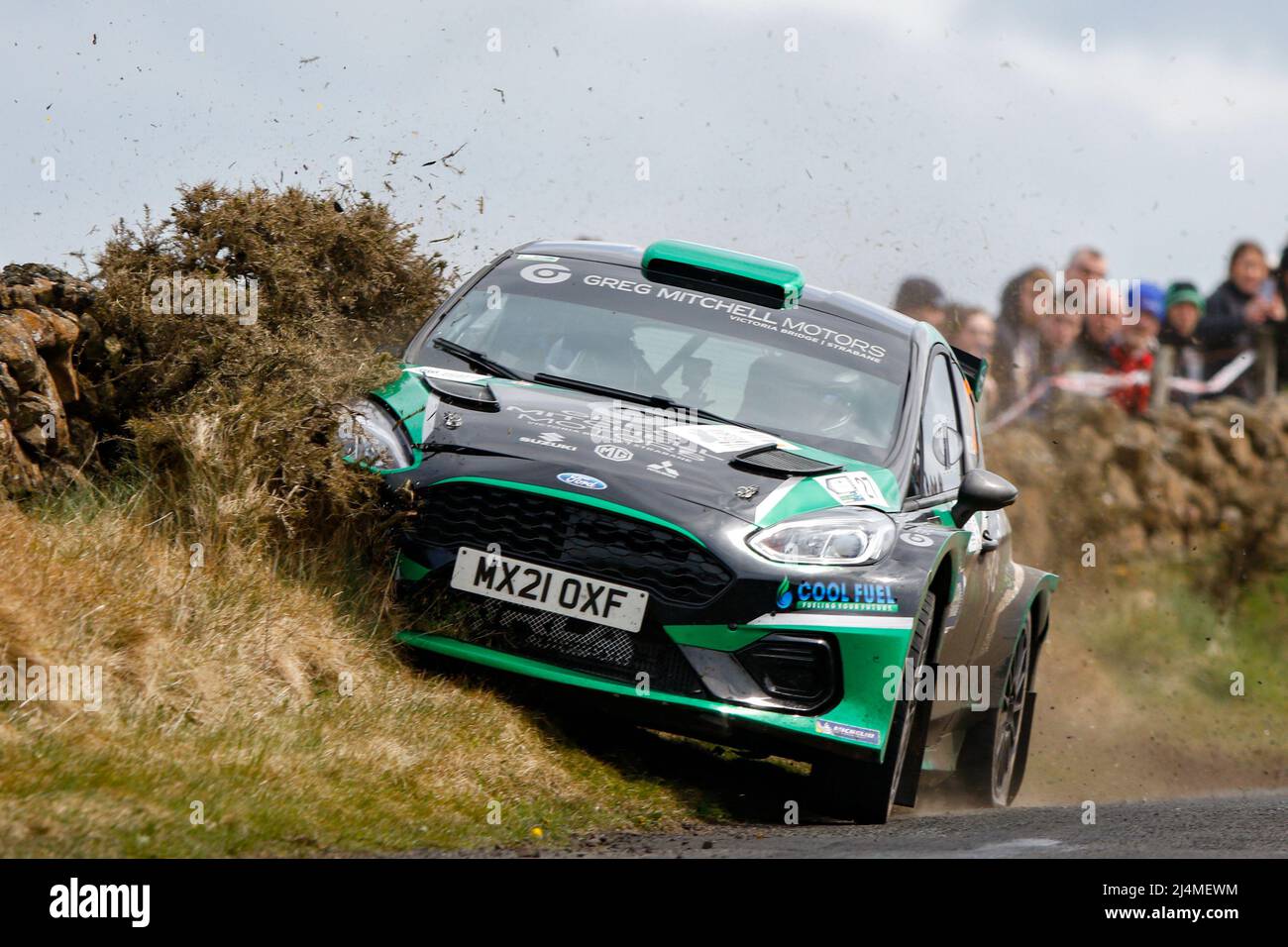 16th April 2022, Ballymena, County Antrim, Northern Ireland, United Kingdom; Circuit of Ireland International Rally, Round 3 of the Irish Tarmac Rally Championship: Jason Mitchell and Paddy McCrudden (Ford Fiesta Rally2) were lucky to escape after the landing off road on a huge jump Stock Photo