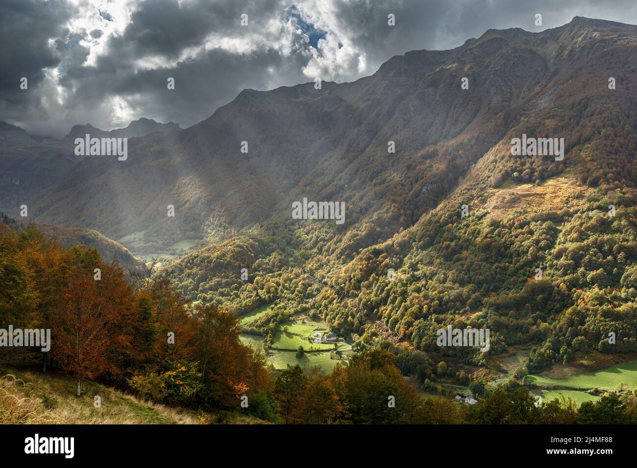 Sunbeams over Lescun valley, french pyrenees Stock Photo