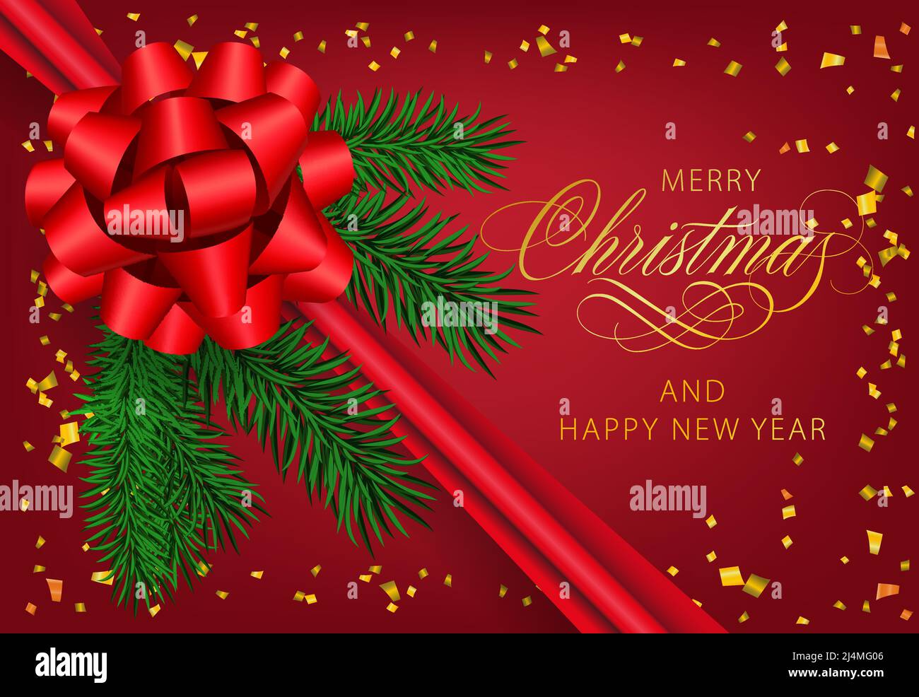Merry Christmas with ribbon and fir tree branch postcard design ...