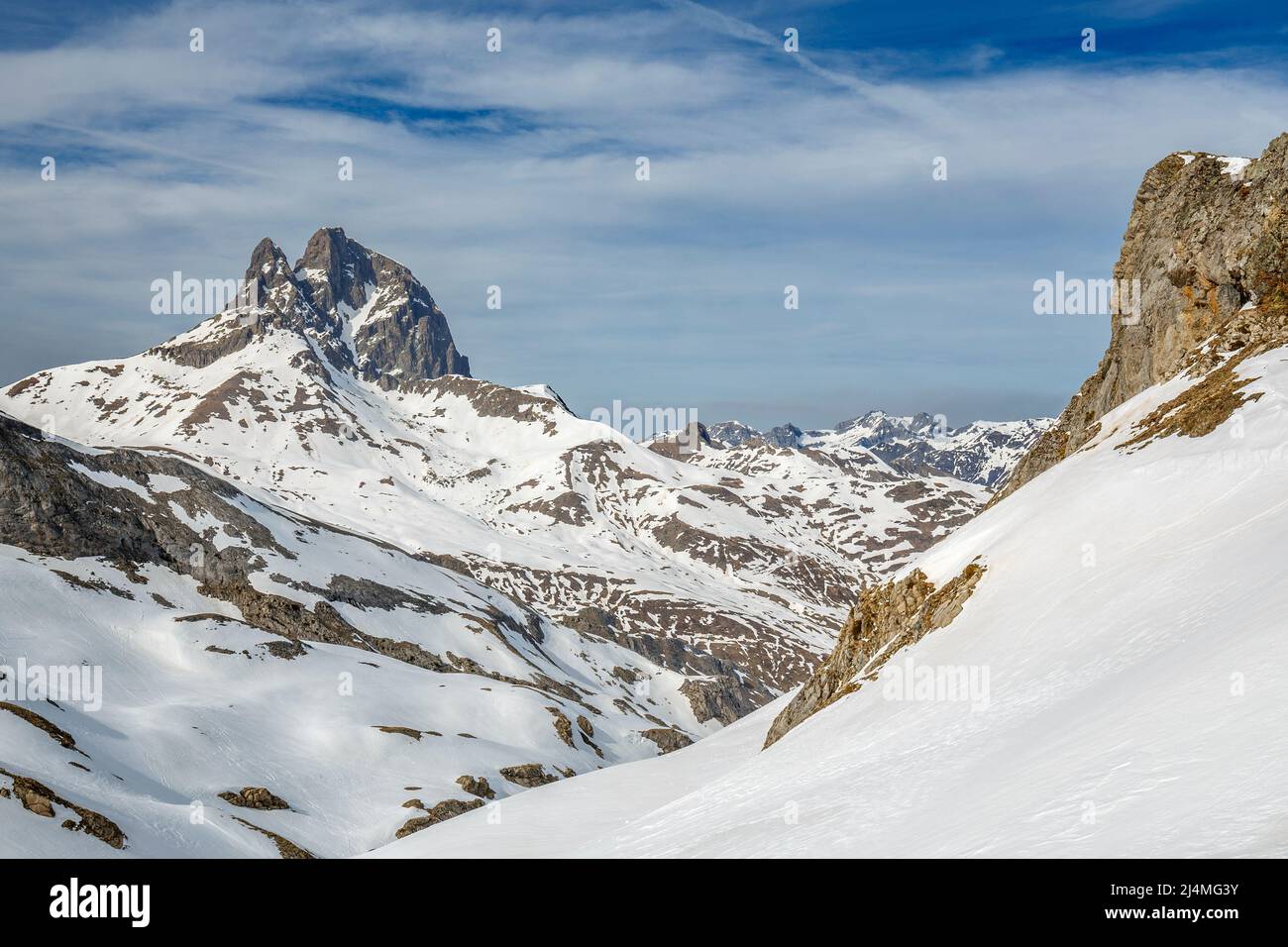 Midi d'Ossau south side peak view from Aneou circus, Pyrenees national park, France Stock Photo