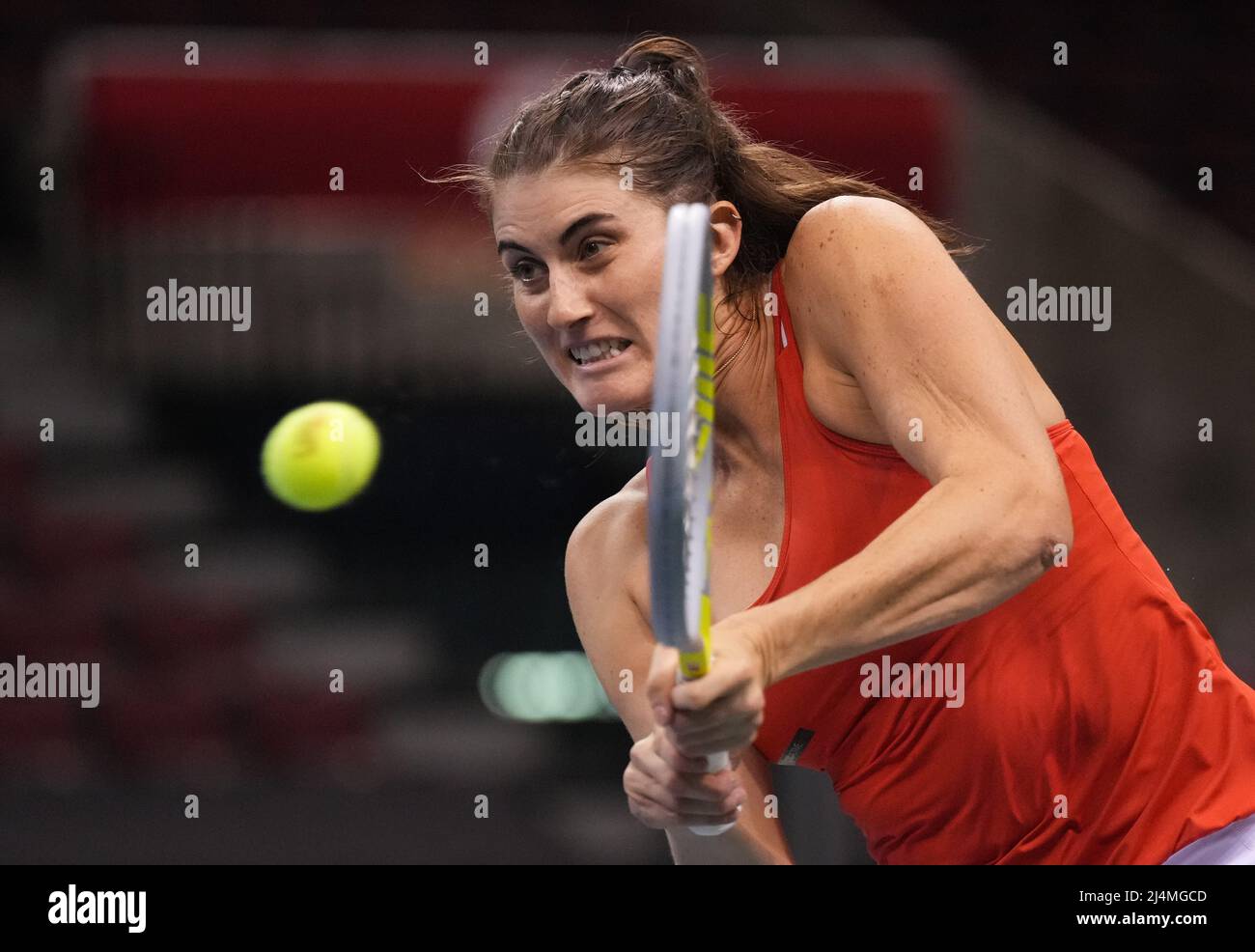 April 15, 2022, VANCOUVER, BC, CANADA: Canada's Rebecca Marino returns to  Latvia's Daniela Vismane during a Billie Jean King Cup qualifier singles  tennis match, in Vancouver, on Friday, April 15, 2022. (Credit