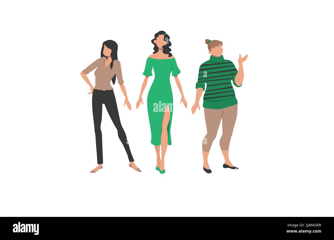 Three women representing different styles and body types. Clothes, style, figure. Can be used for topics like fashion, sizes, body difference. Stock Vector