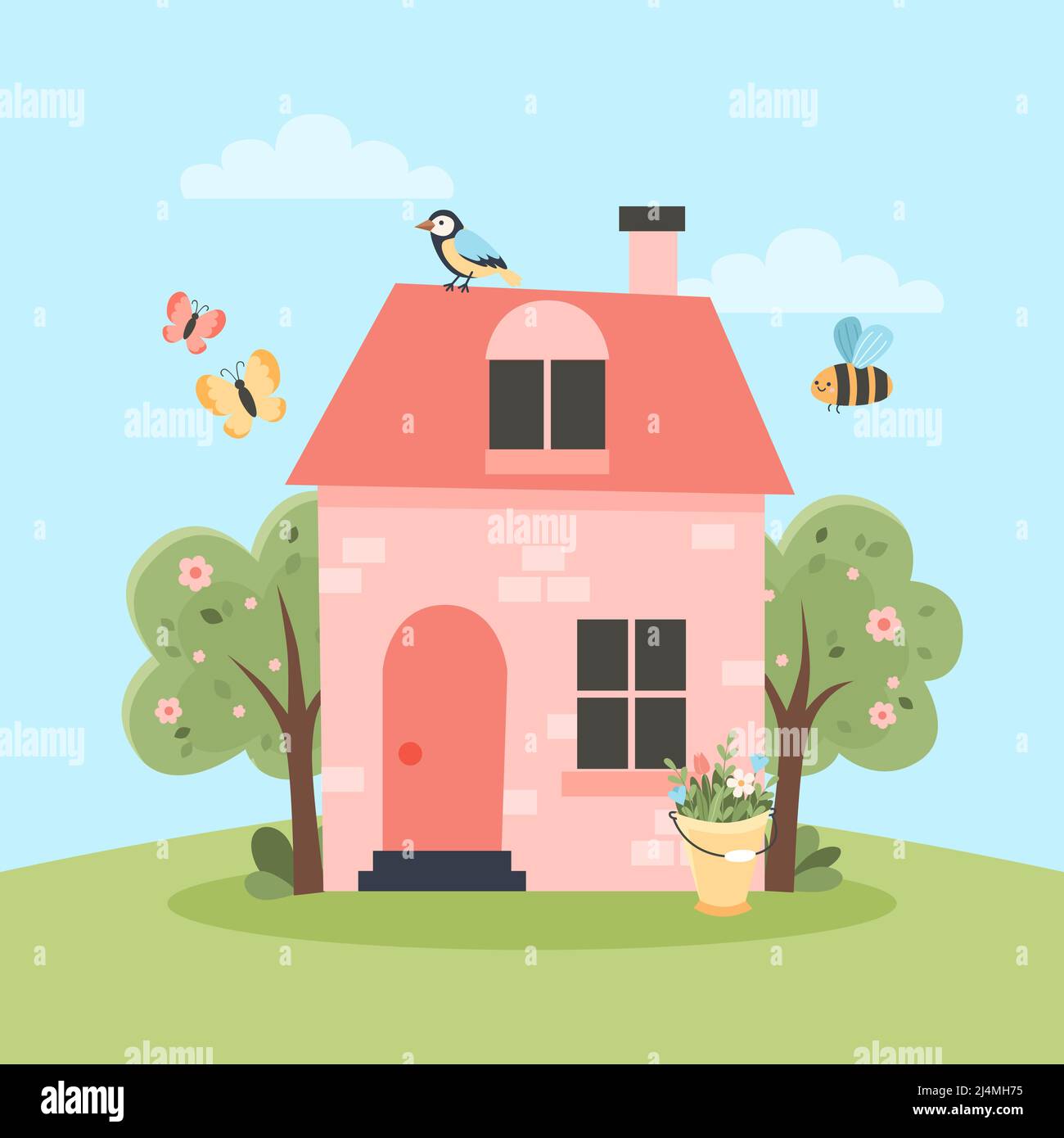 Cute house, welcome spring card with cute elements. Hand drawn flat cartoon  elements. Vector illustration Stock Vector Image & Art - Alamy