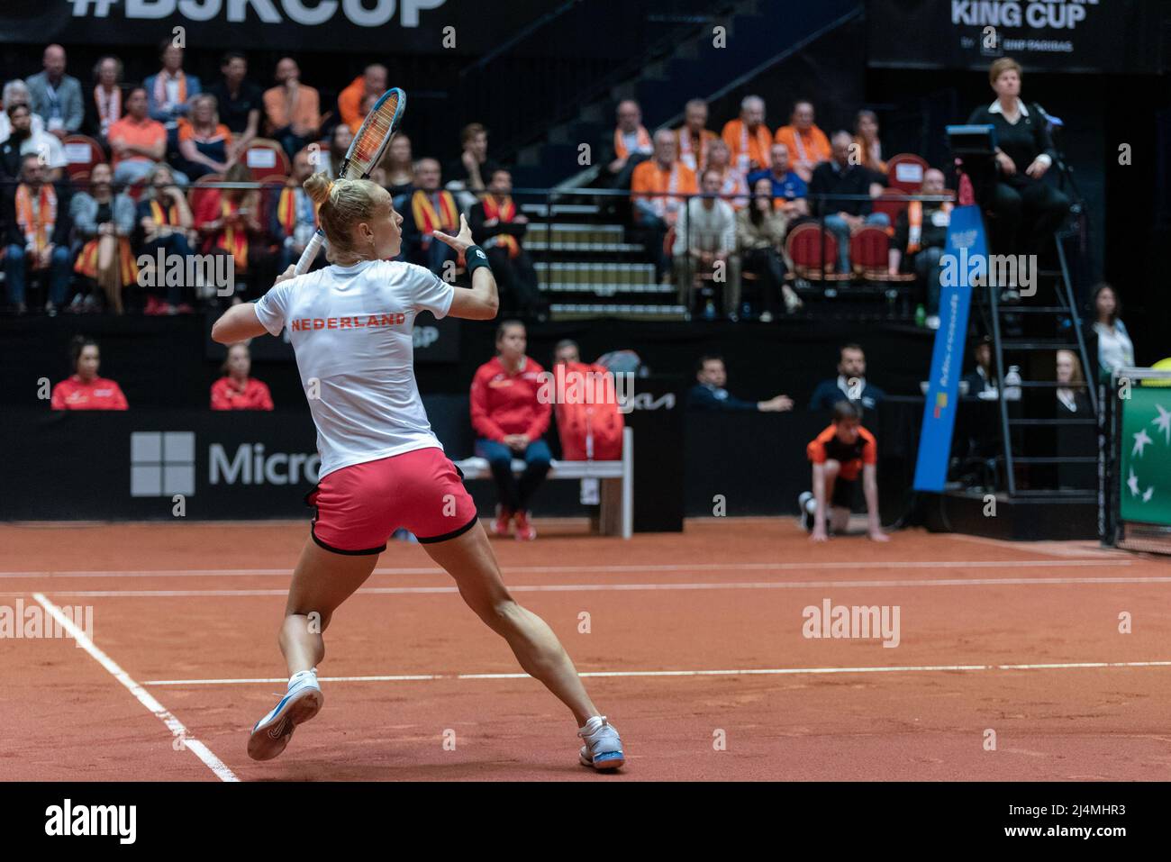 DEN BOSCH, NETHERLANDS - APRIL 16: Arantxa Rus of The Netherlands in her  match against Ara Sorribes Tormo of Spain during the Billie Jean King Cup  at Maaspoort on April 16, 2022