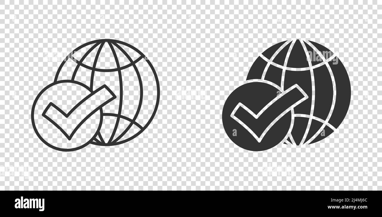 Globe check mark icon in flat style. World approval vector illustration ...