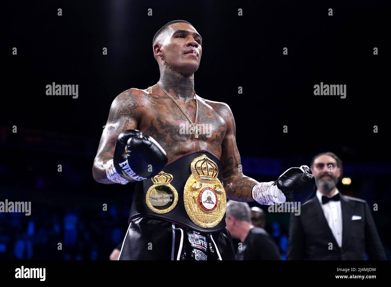 Conor Benn celebrates victory after knocking out Chris van Heerden in the World Boxing Association Continental Welter Title bout at the AO Arena, Manchester. Picture date: Saturday April 16, 2022. Stock Photo