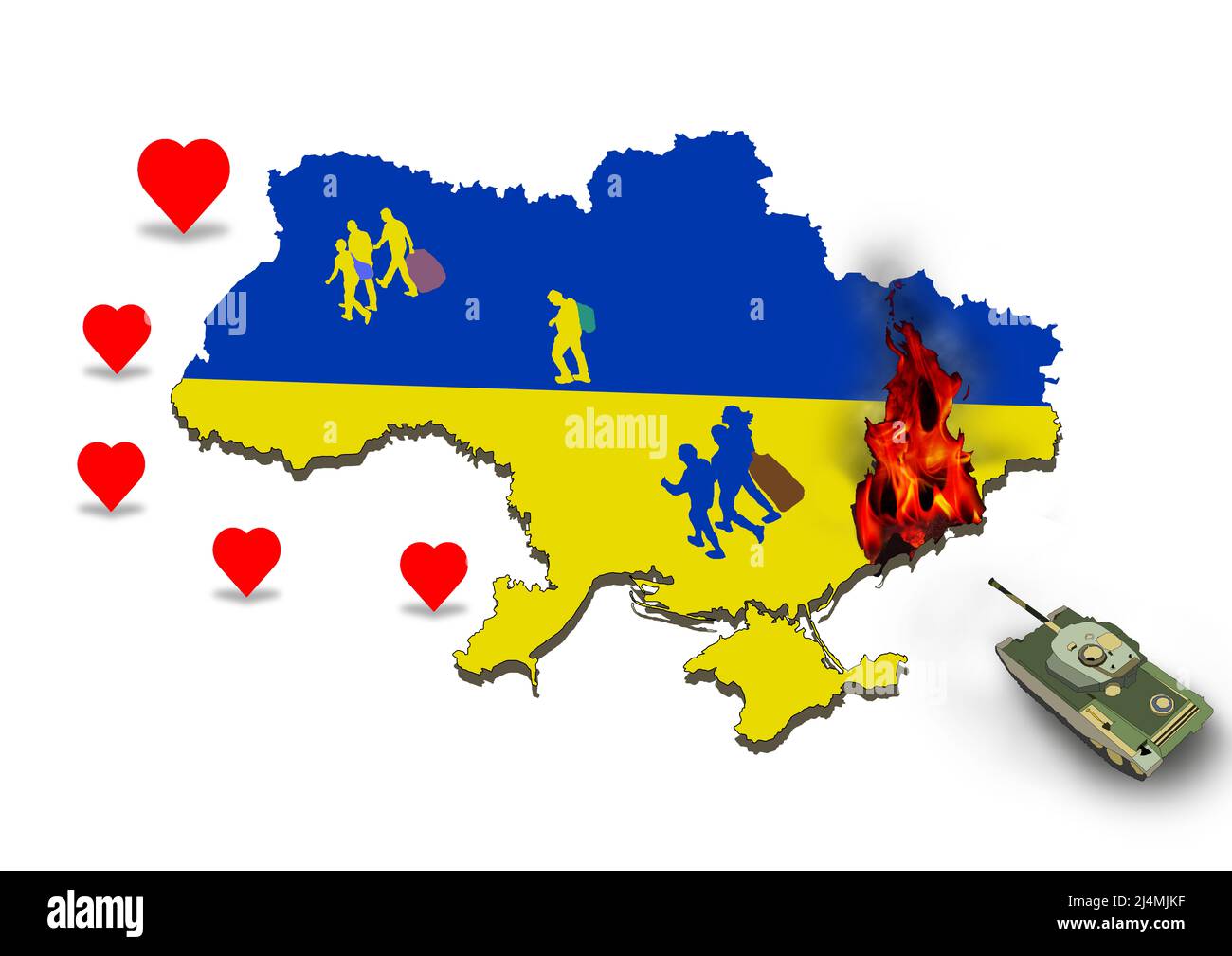 ukraine refugees move for russian tank attack in mariupol illustration Stock Photo