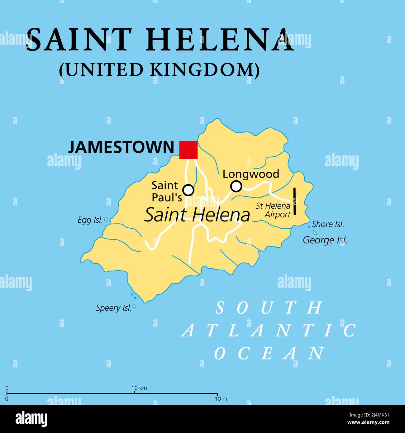 Saint Helena, political map. Tropical island and a British possession in the South Atlantic with capital Jamestown. Site of the 2nd exile of Napoleon. Stock Photo