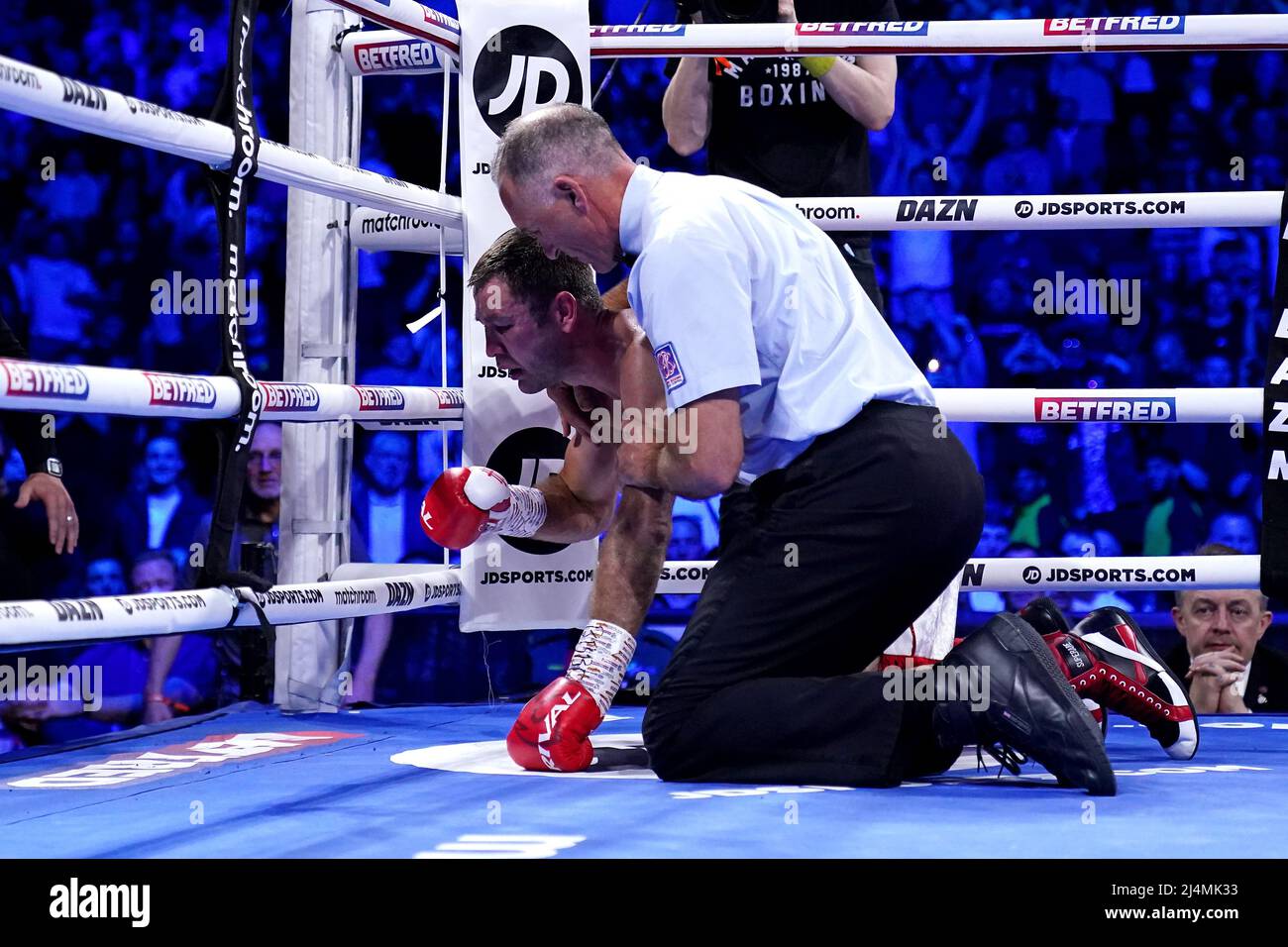 Referee Steve Gray (right) stops the fight after Conor Benn (not pictured) knocks out Chris van Heerden in the World Boxing Association Continental Welter Title bout at the AO Arena, Manchester. Picture date: Saturday April 16, 2022. Stock Photo