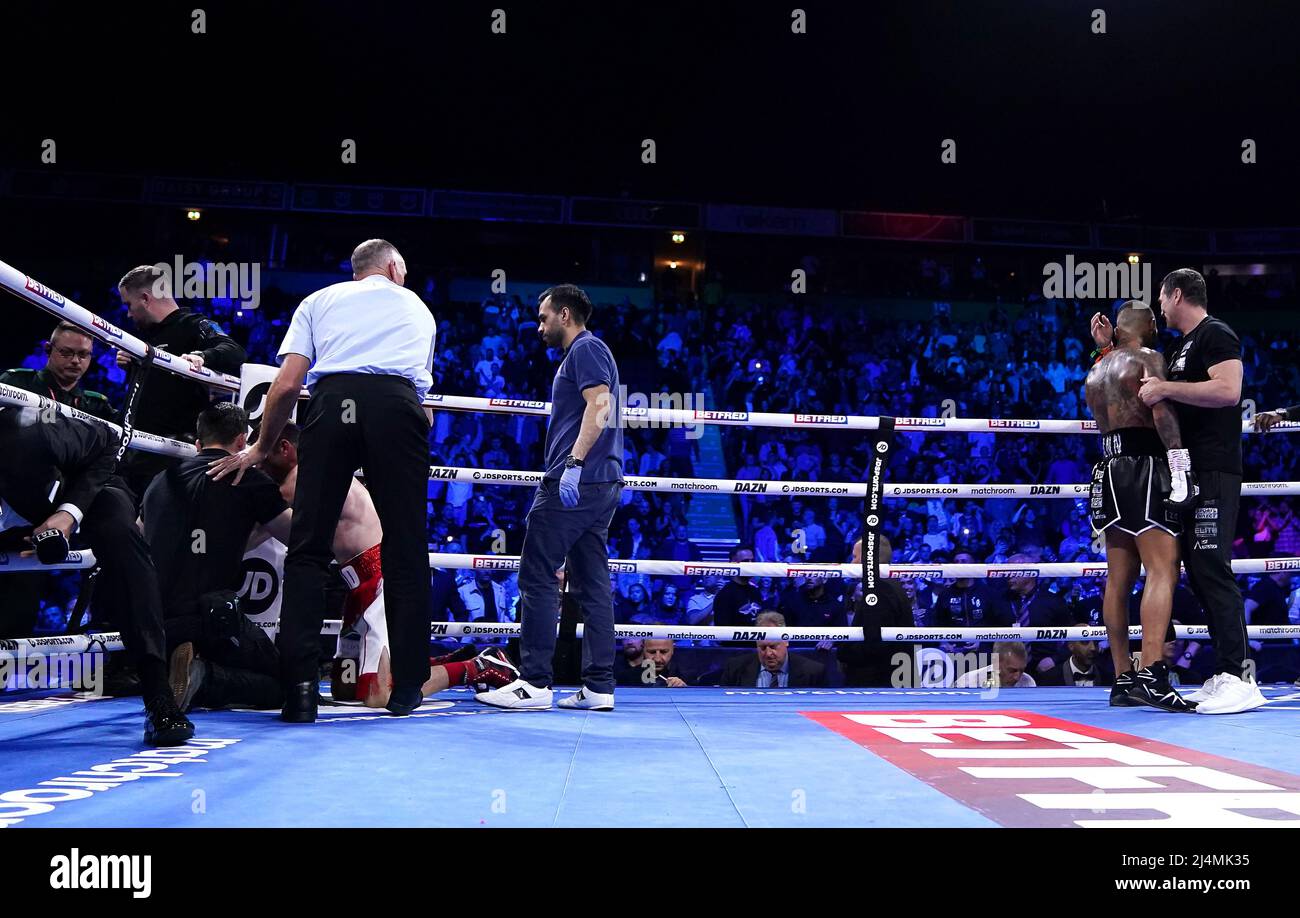 Referee Steve Gray (centre) stops the fight after Conor Benn knocks out Chris van Heerden in the World Boxing Association Continental Welter Title bout at the AO Arena, Manchester. Picture date: Saturday April 16, 2022. Stock Photo