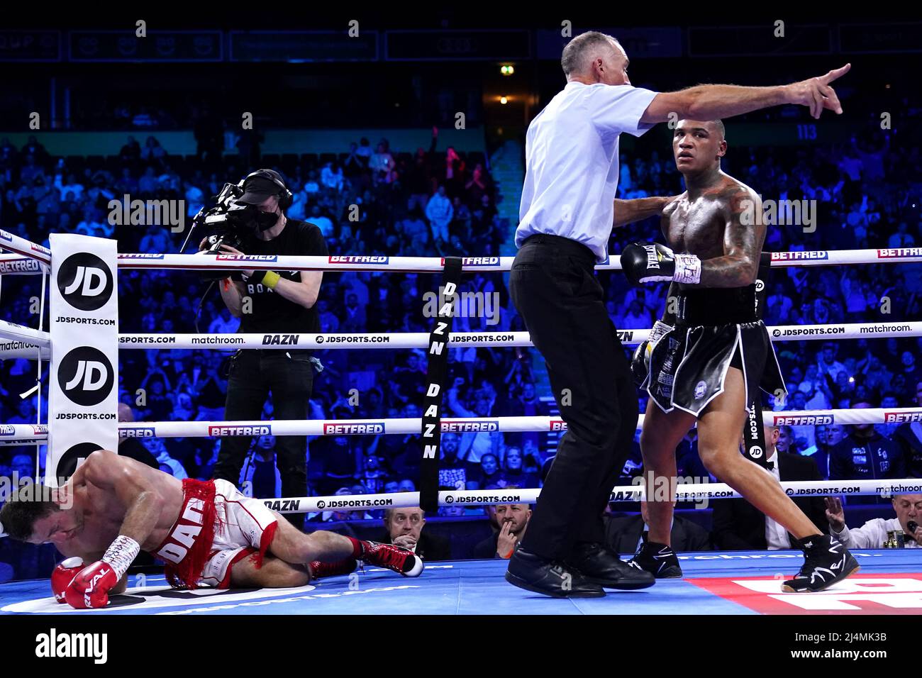 Referee Steve Gray (centre) stops the fight after Conor Benn knocks out Chris van Heerden in the World Boxing Association Continental Welter Title bout at the AO Arena, Manchester. Picture date: Saturday April 16, 2022. Stock Photo